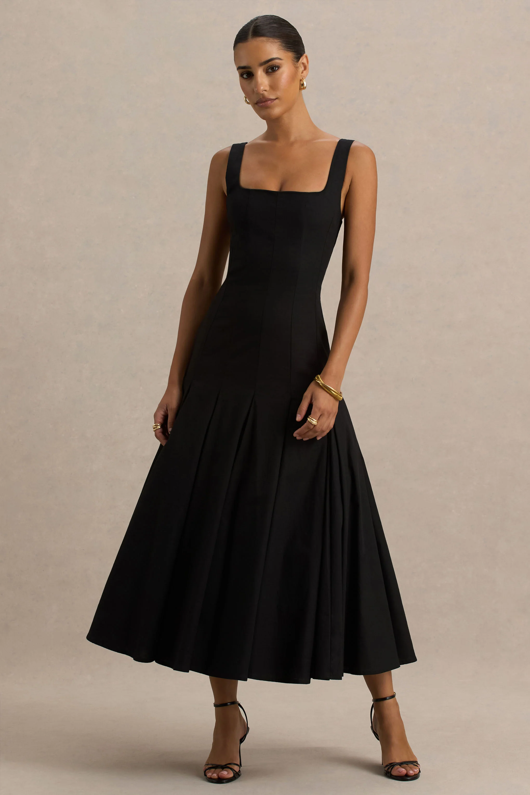 Magnolia | Black Scoop-Neck Midi Dress With Drop-Waist And Ruffling Detail