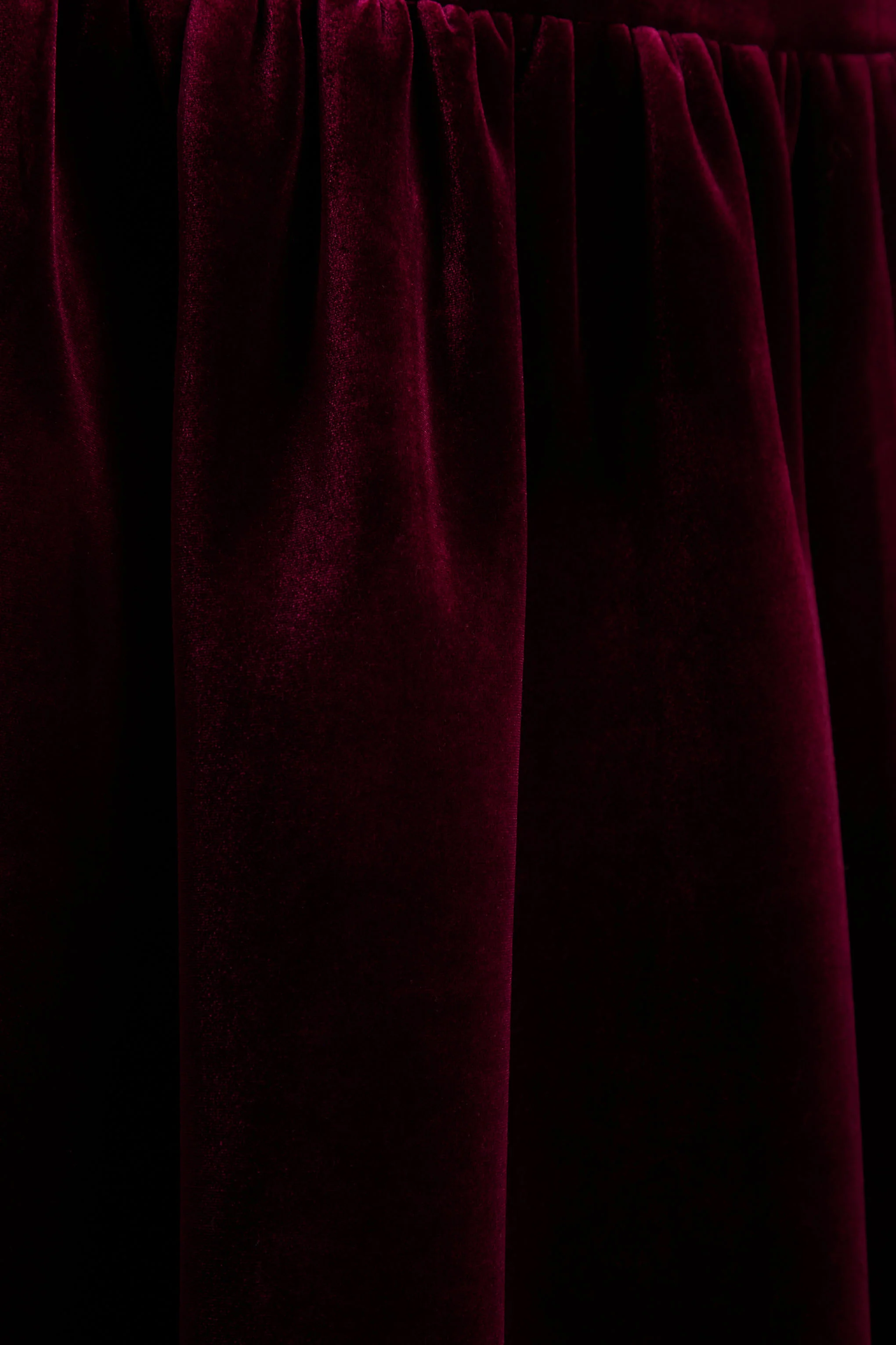 Violetta | Burgundy Velvet Bandeau Midi Dress With Drop-Waist And Gathered Skirt
