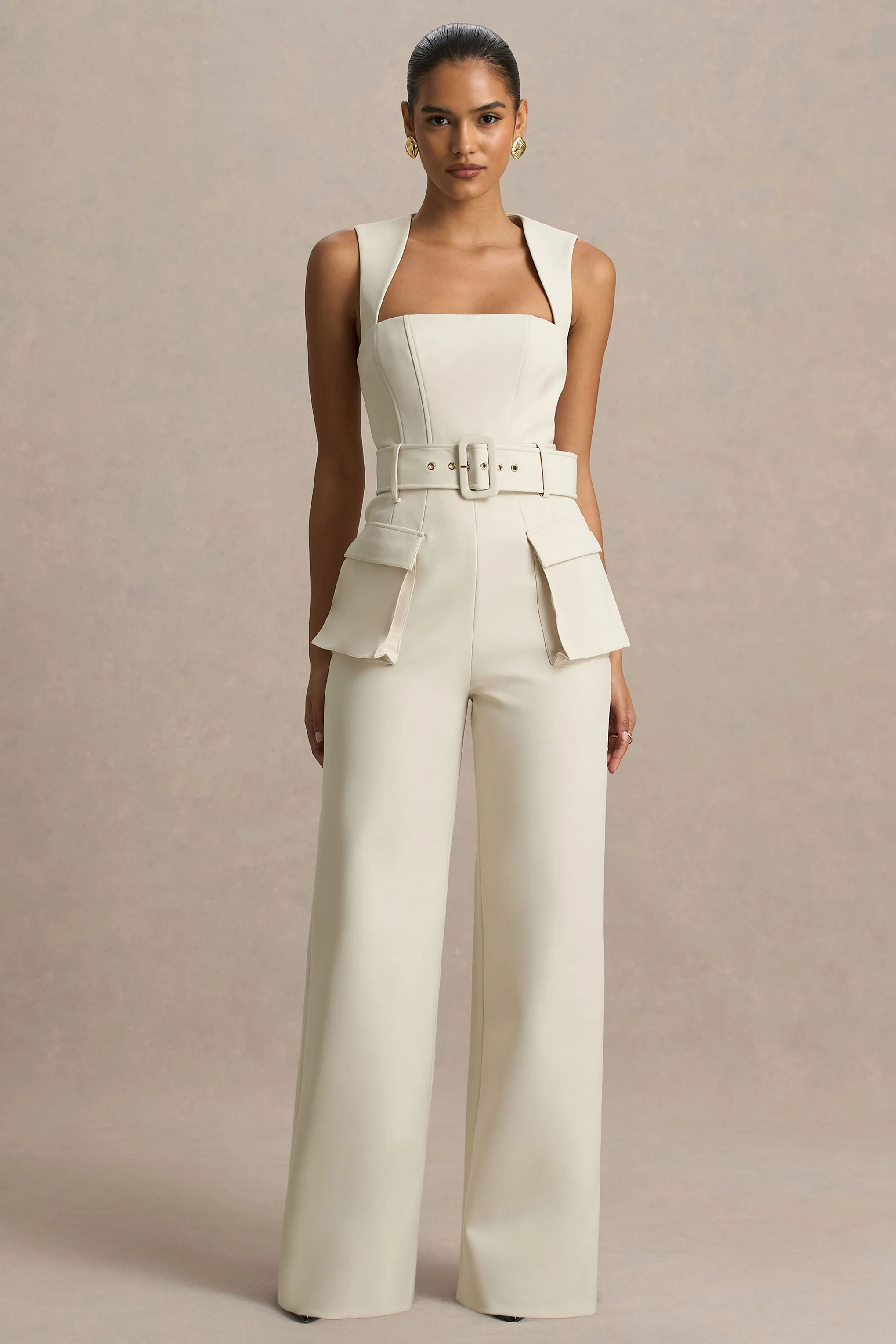 Solice | Cream Square-Neck Tailored Jumpsuit