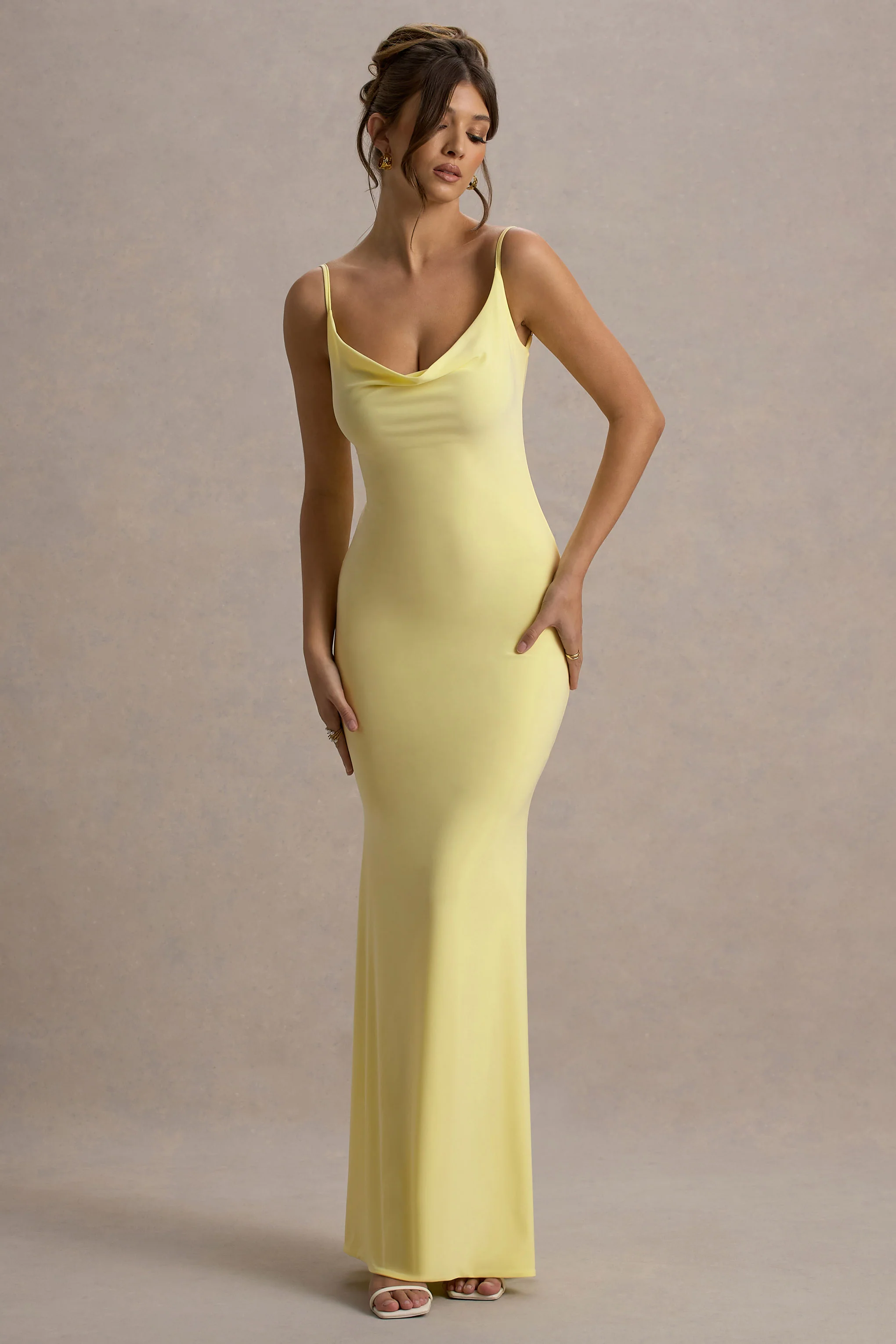 Francoise | Lemon Cowl Neck Backless Maxi Dress With Lace Insert