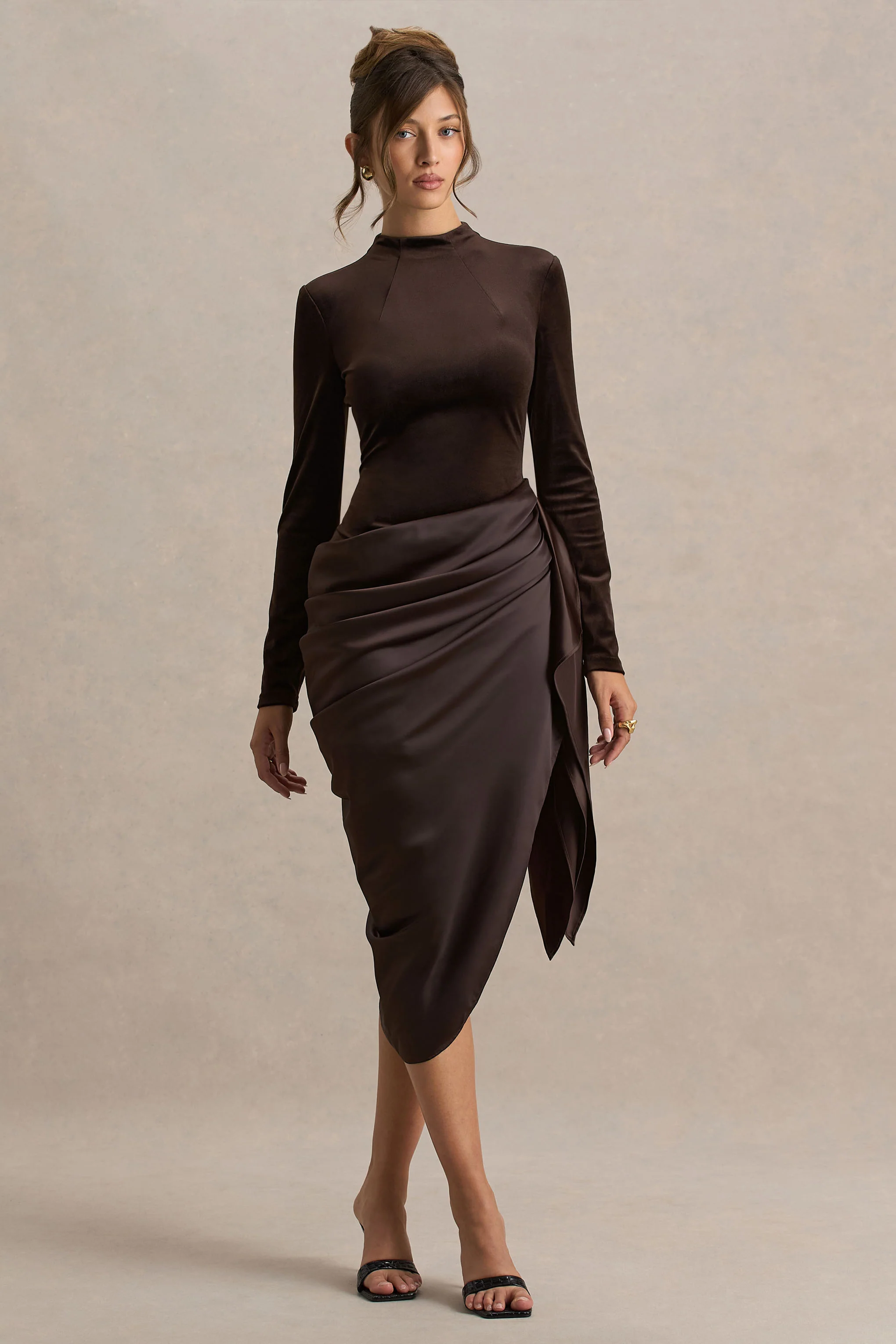 Sasha | Brown Satin And Velvet Midi Dress With Wrap-Detail