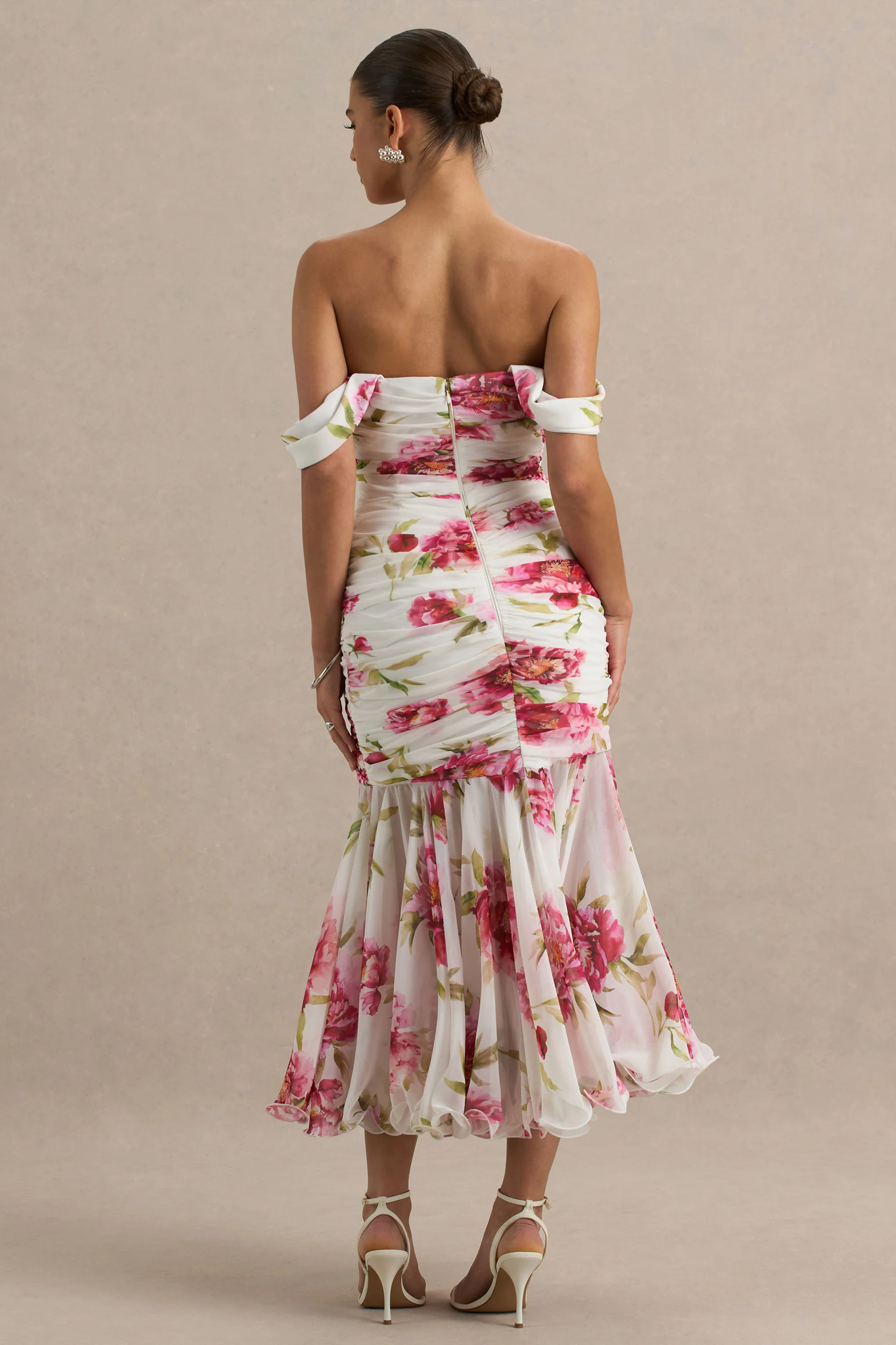 Madelyn | Cream Floral Print Short-Sleeve Bardot Wrap Maxi Dress With Ruching