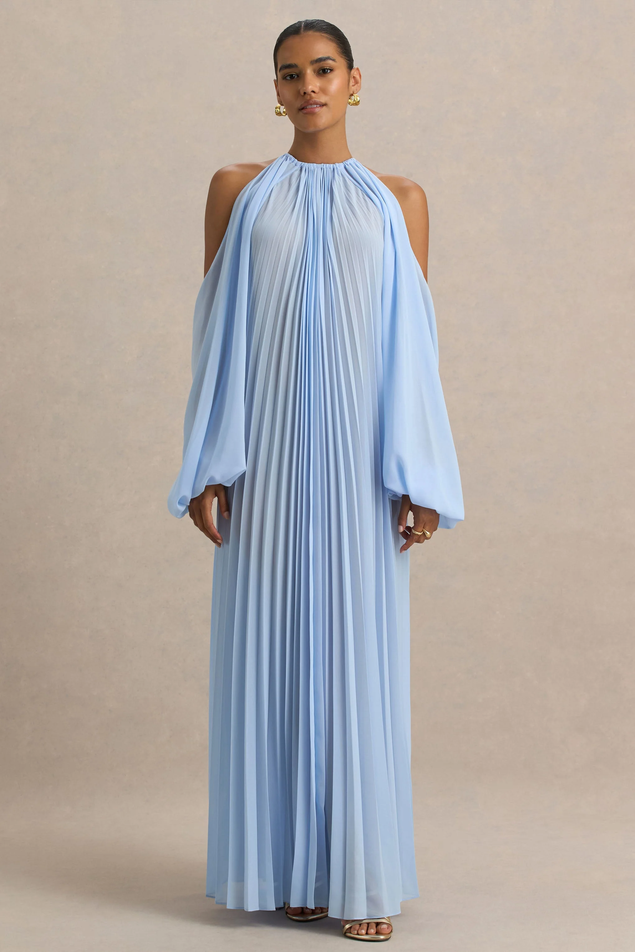 Reyna | Powder Blue Pleated Chiffon Cold-Shoulder Maxi Dress
