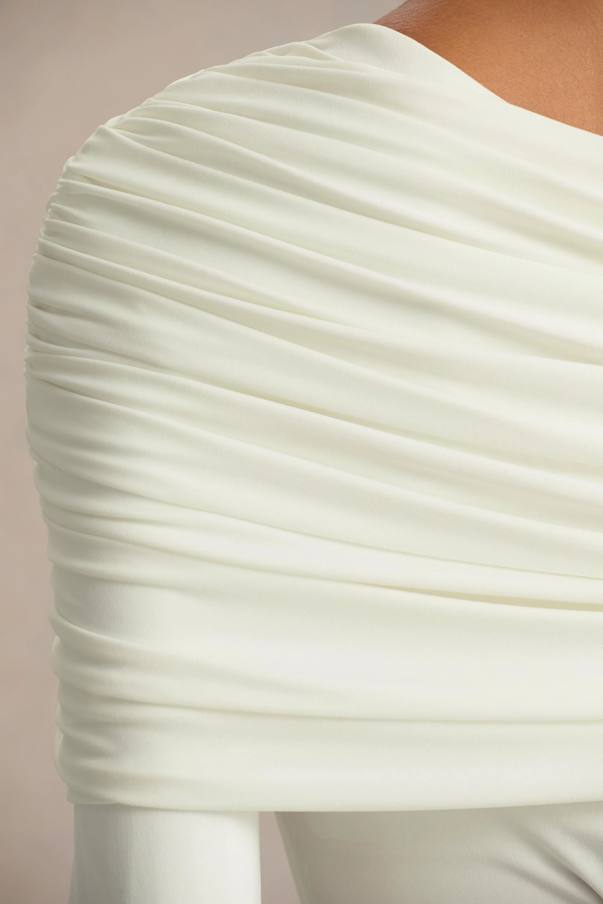 Octavia | Cream Bardot-Neck Maxi Dress With Sash And Ruched Detailing