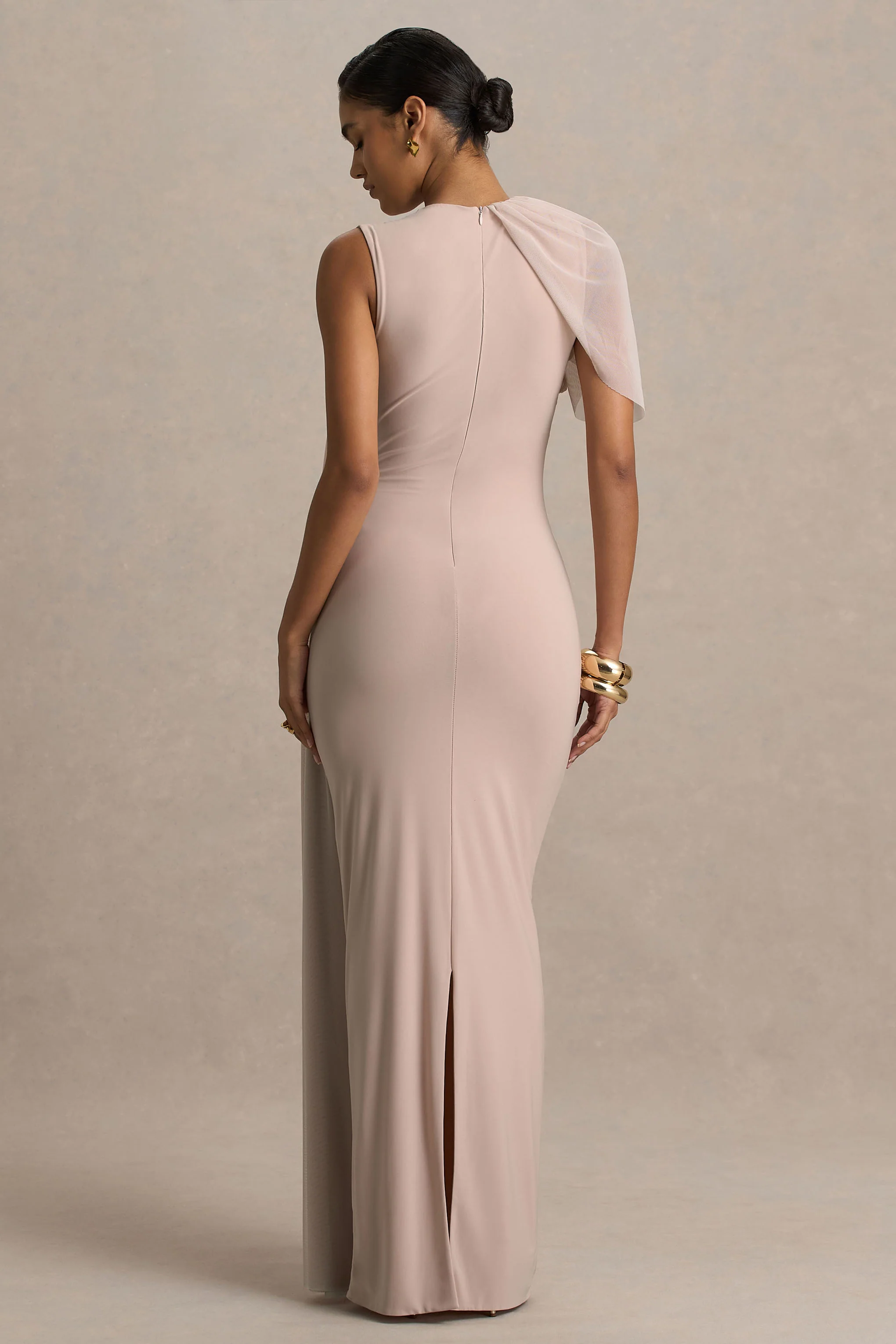 Brenda | Champagne Maxi Dress With Mesh Cape And Sash