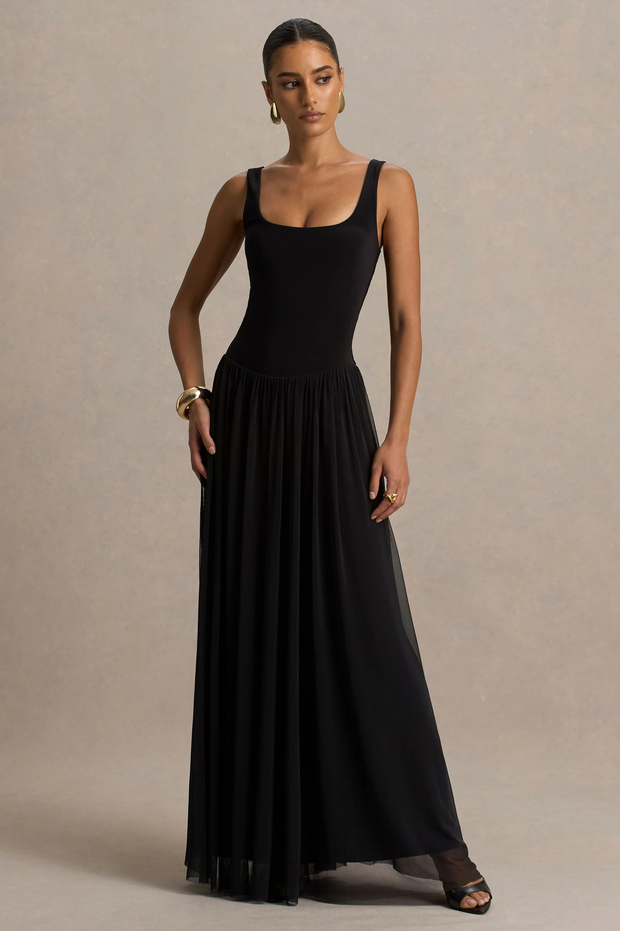 Amelia | Black Scoop-Neck Maxi Dress With Drop Waist And Pleating