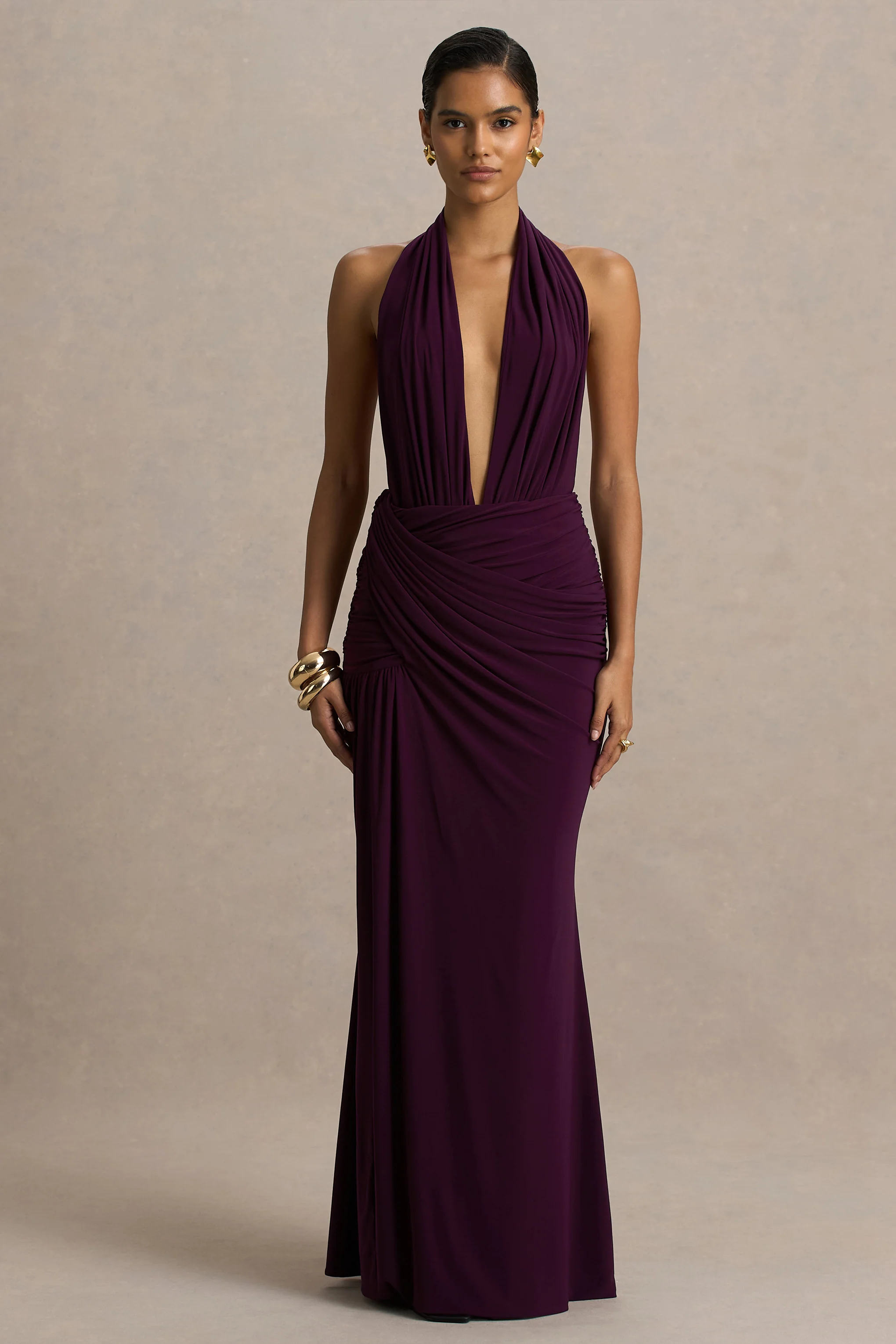 Tilly | Burgundy Extreme Plunge-Neck Maxi Dress With Wrap And Ruched Details