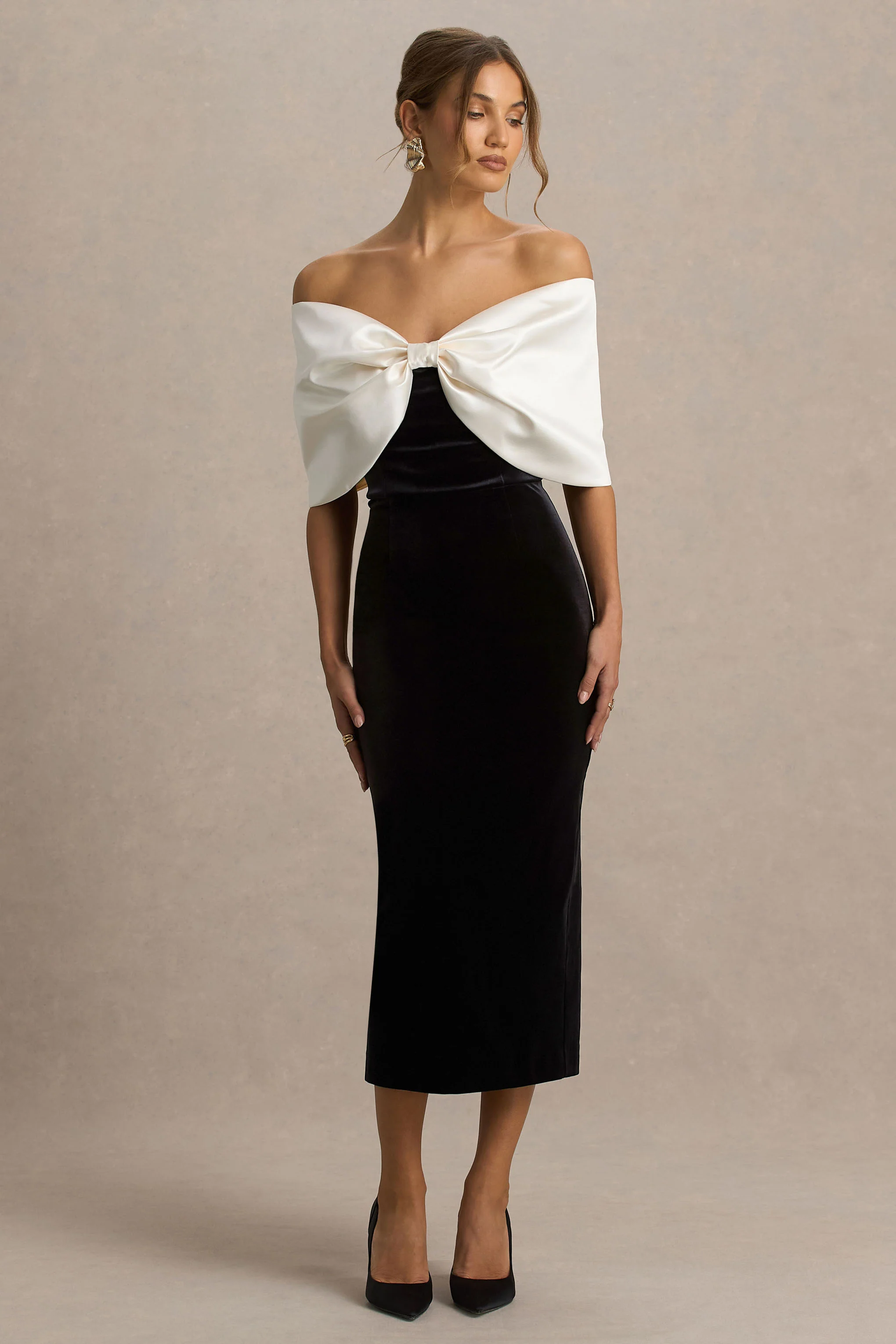 Twilight | Black And White Velvet Bardot-Neck Midi Dress With Oversized Bow