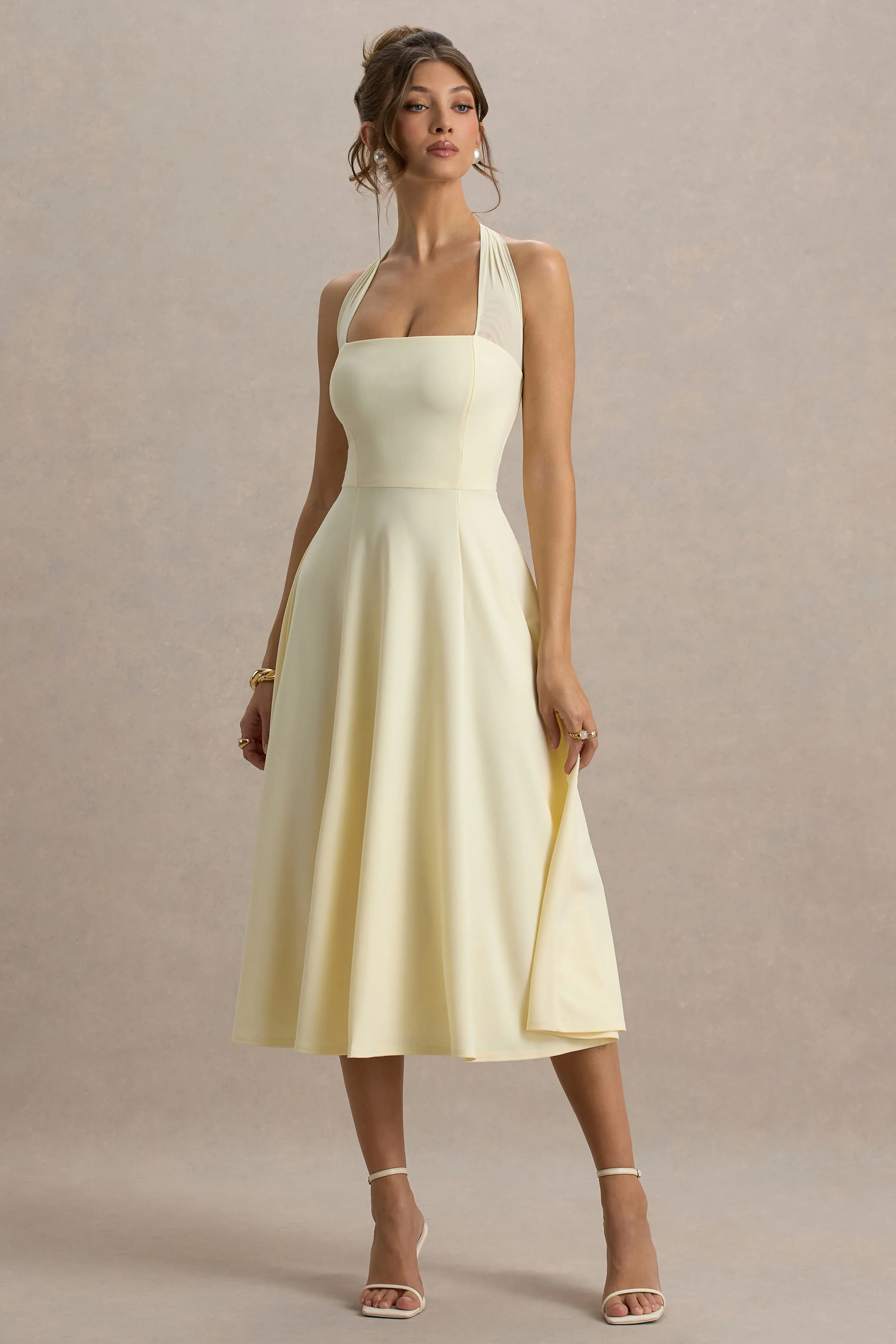 Auburn | Pale Lemon Halter-Neck Midi Dress