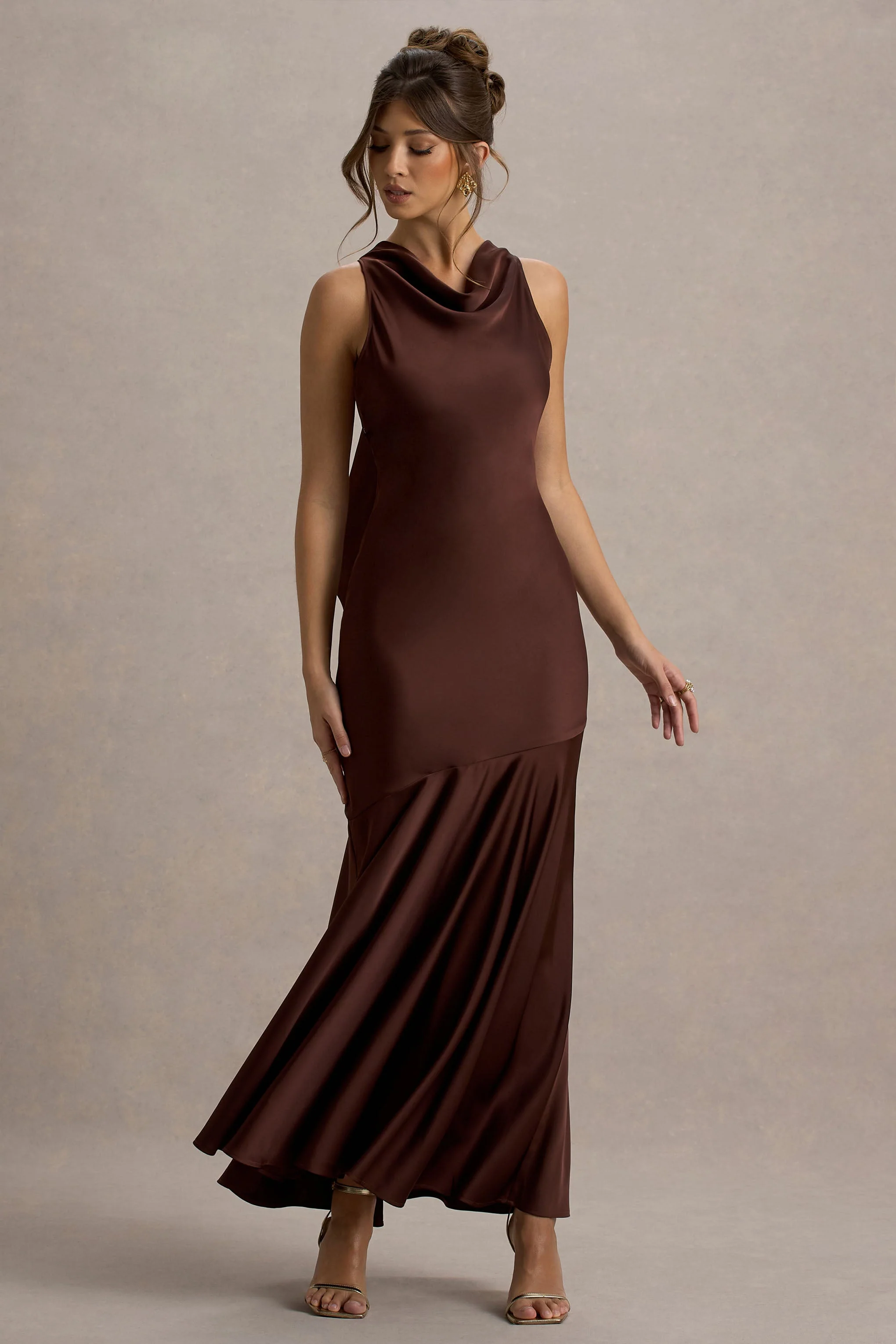 Amelita | Brown Satin Cowl-Neck Maxi Dress