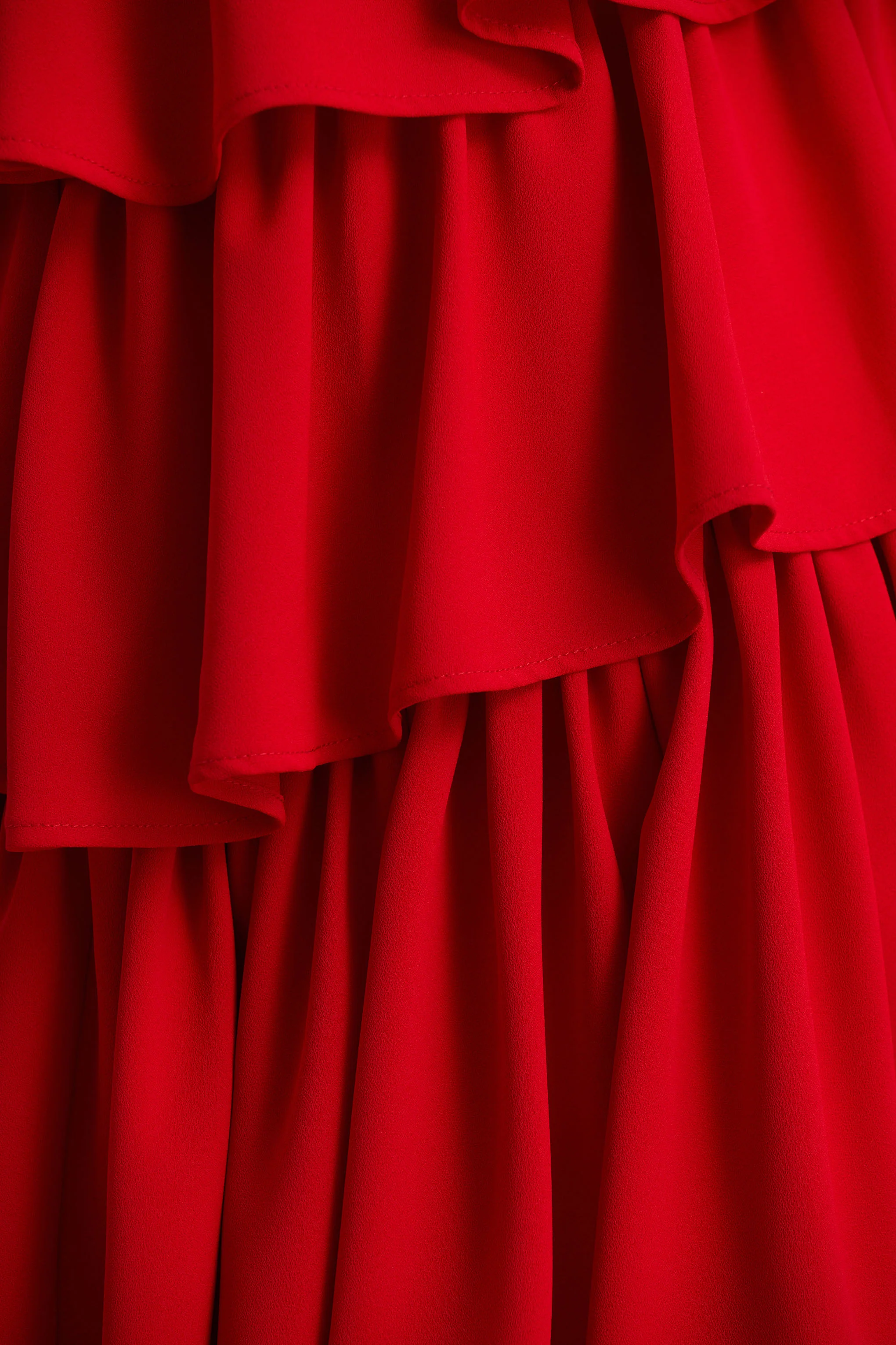 Bogota | Red Plunge-Neck Maxi Dress With Ruffling Details And Front High Split