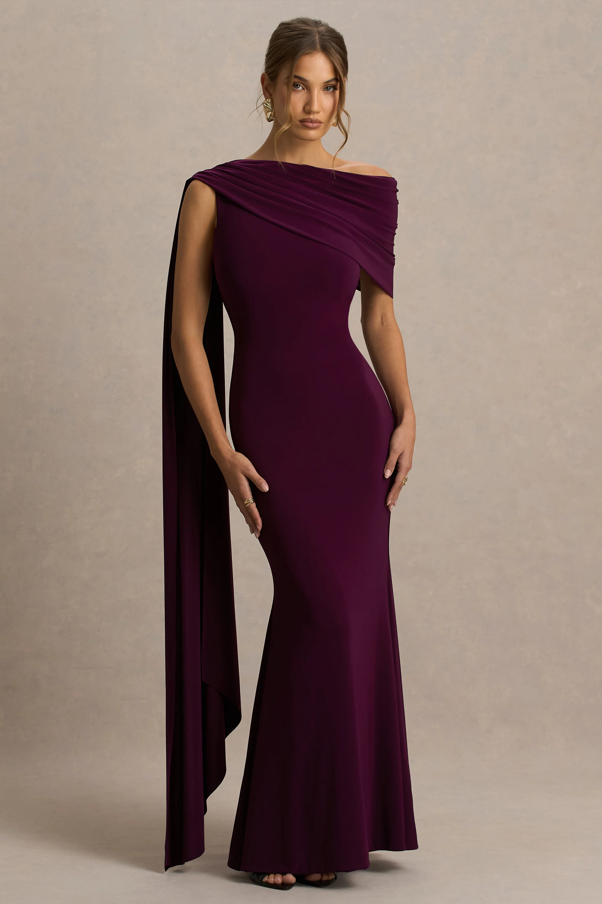 Tiana | Dark Plum Asymmetric-Neck Maxi Dress With Draped Detail