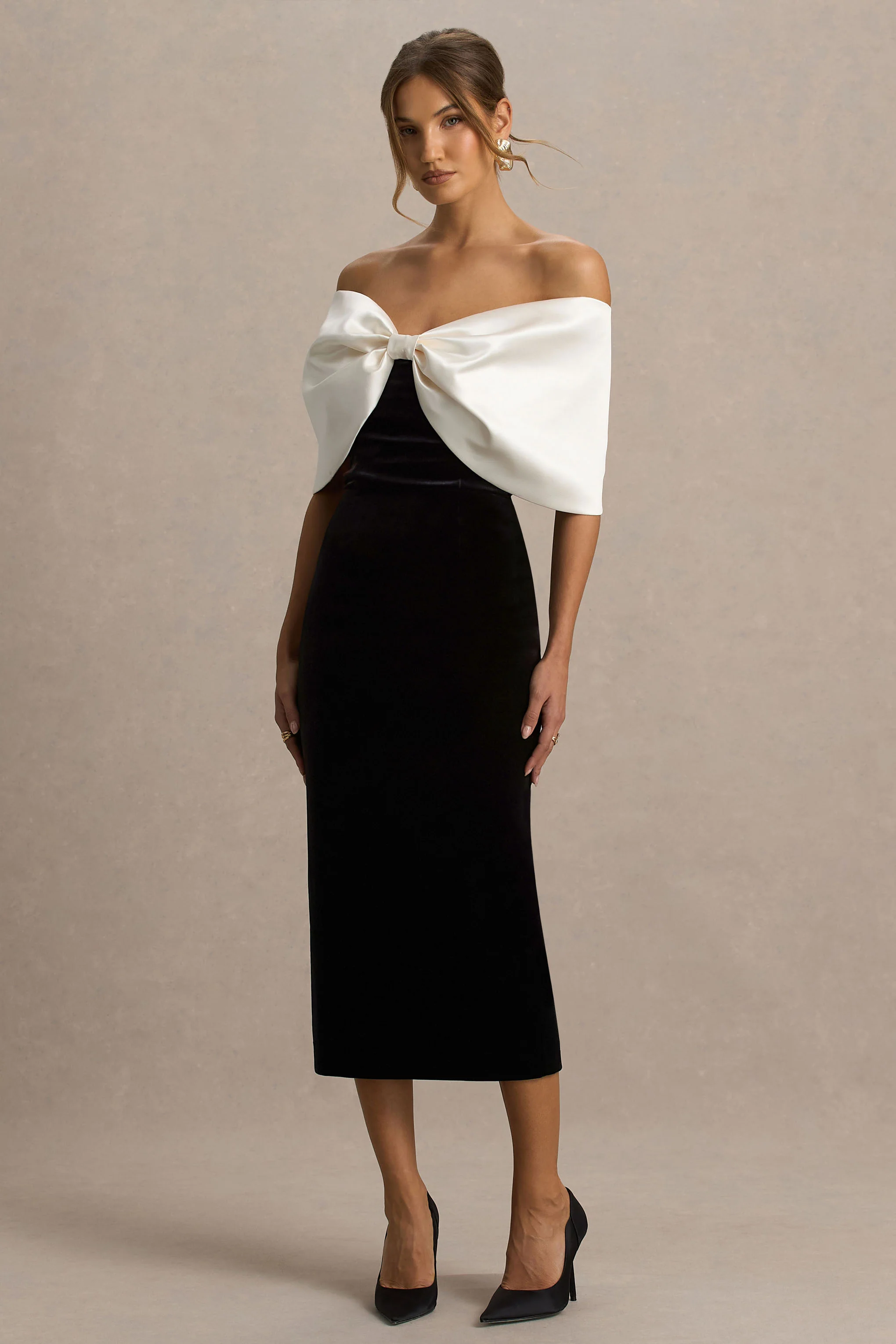Twilight | Black And White Velvet Bardot-Neck Midi Dress With Oversized Bow