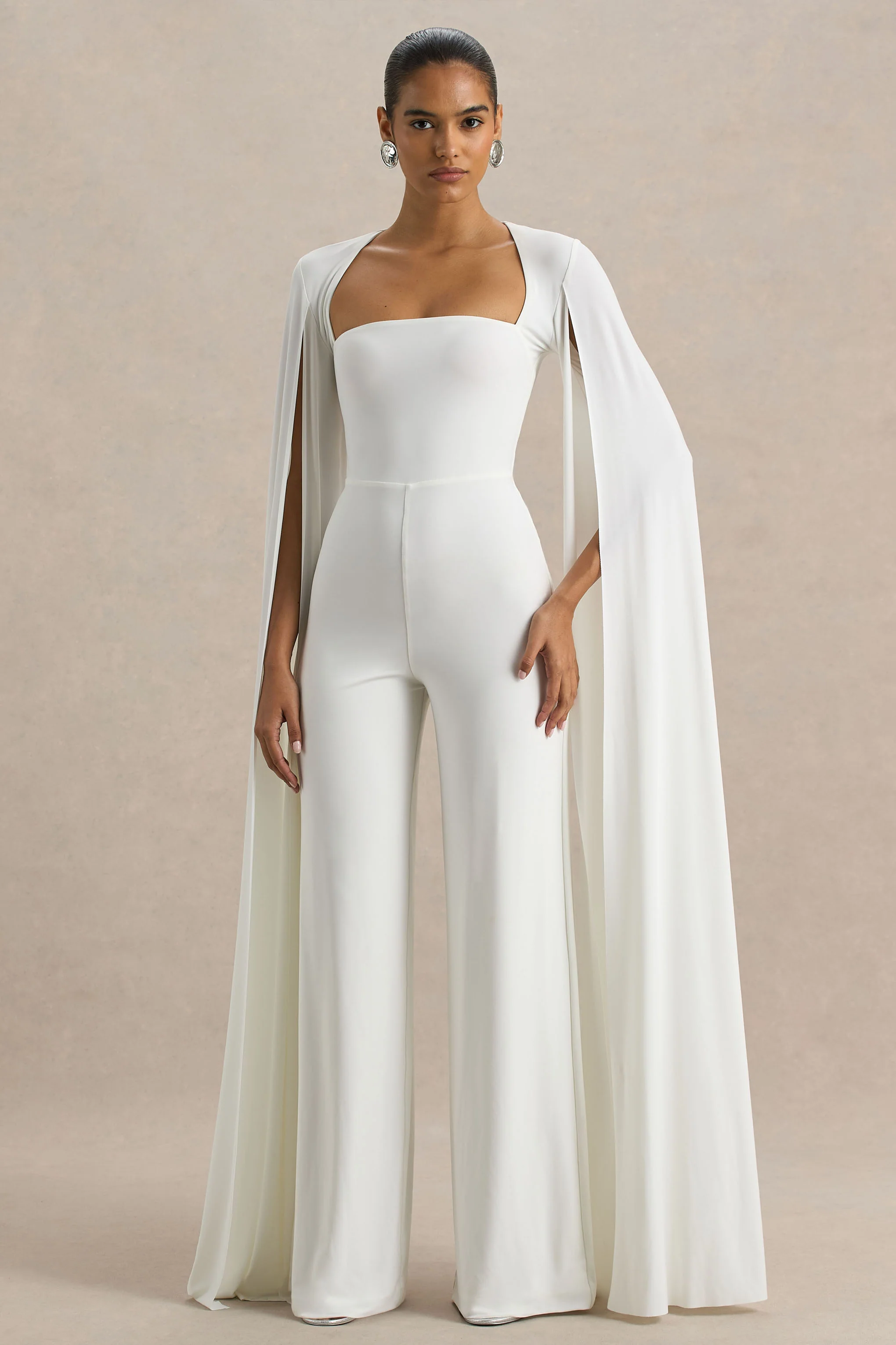 Zara | White Square-Neck Jumpsuit With Cape Sleeves