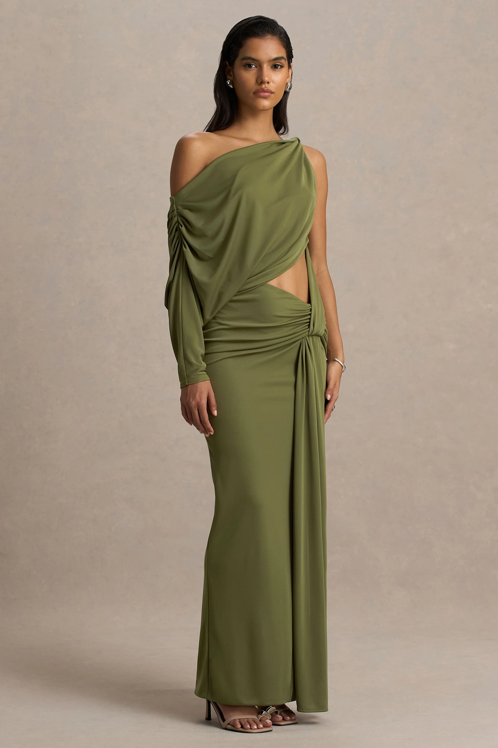 Layla | Olive Asymmetric-Neck Wrap Maxi Dress With Body Cut-Out And Ruched Detailing
