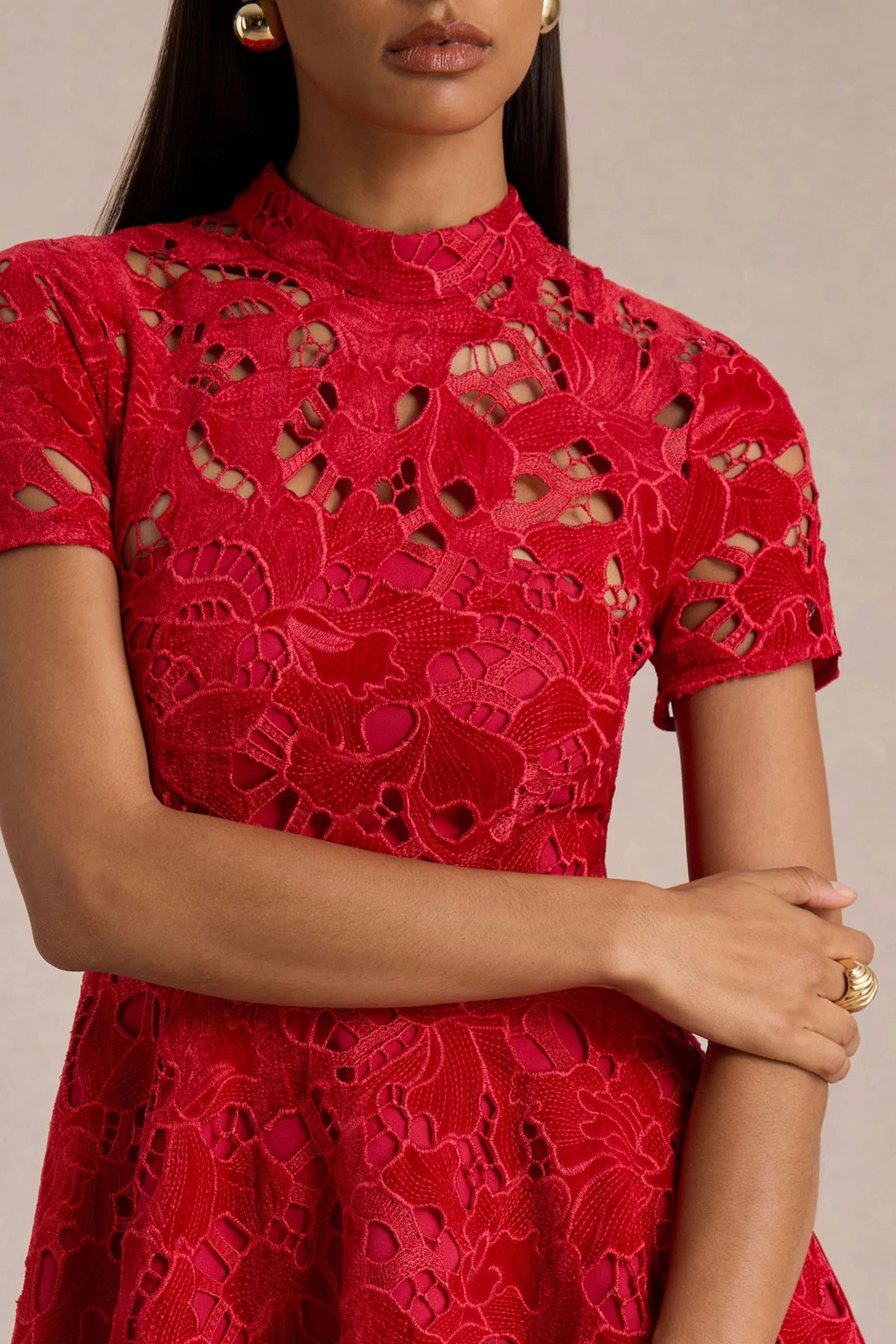 Roam | Red Lace High-Neck Mini Dress