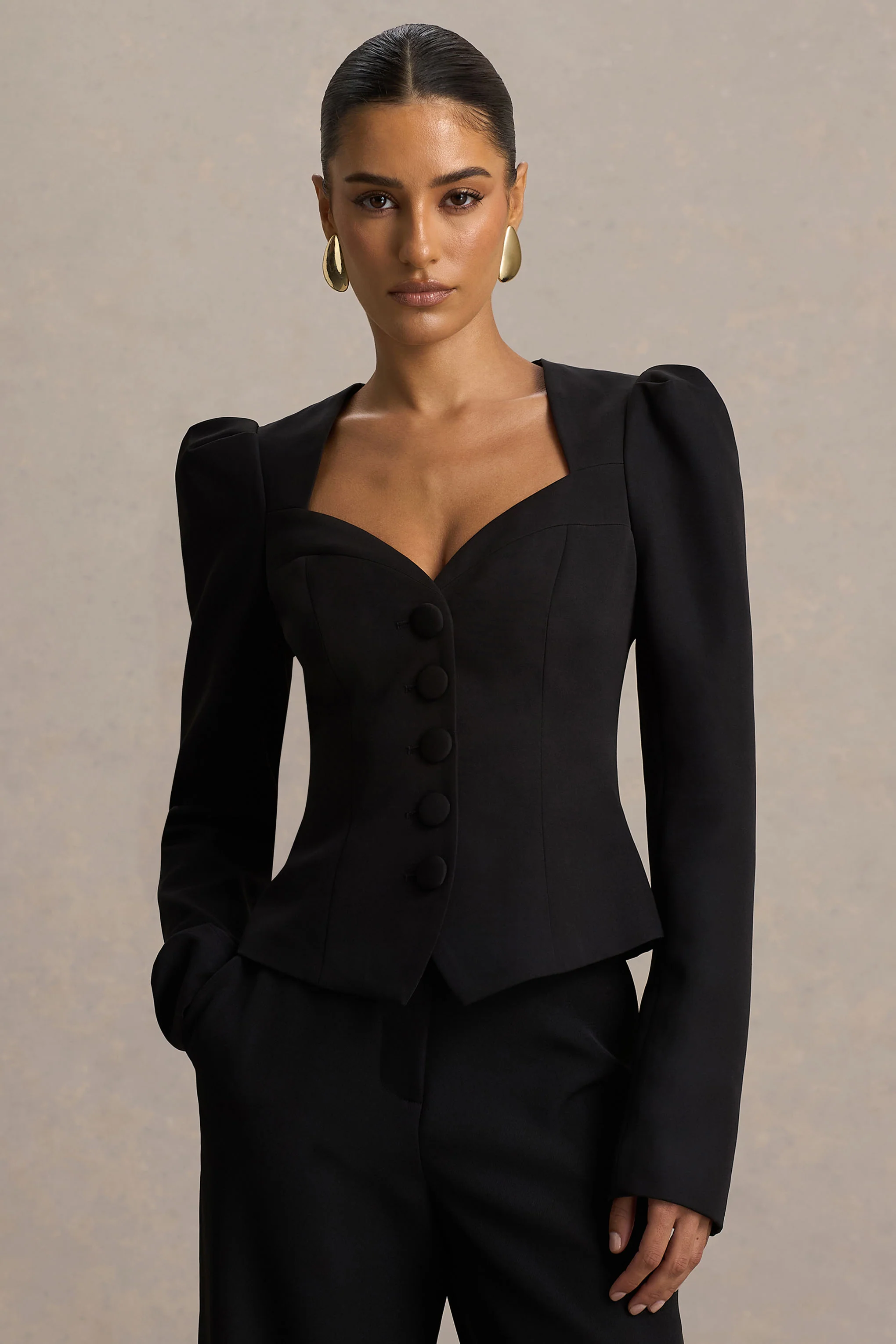 Olympia | Black Sweetheart-Neck Tailored Top