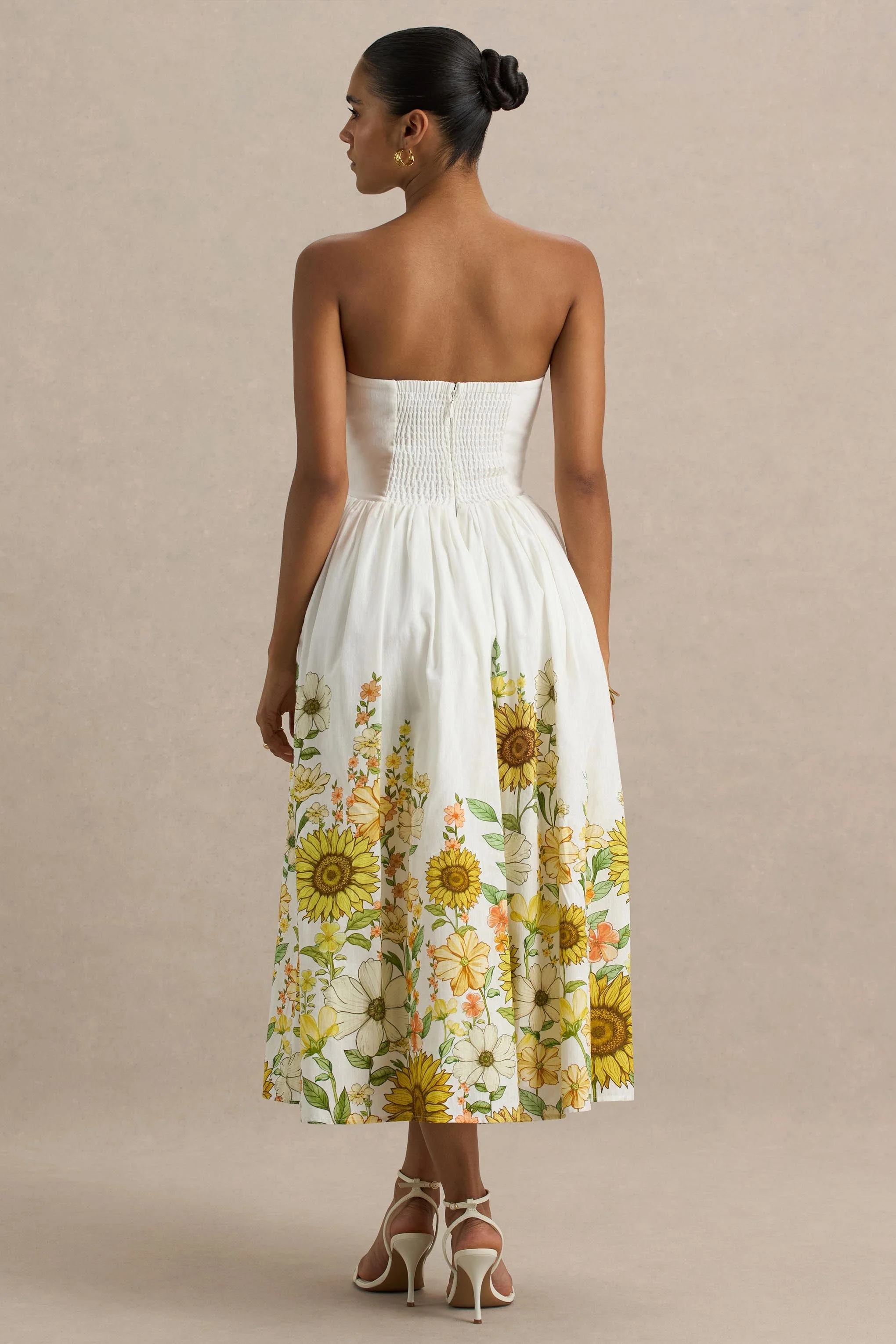 Ivory | Sunflower Print Bandeau High-Low Midi Dress