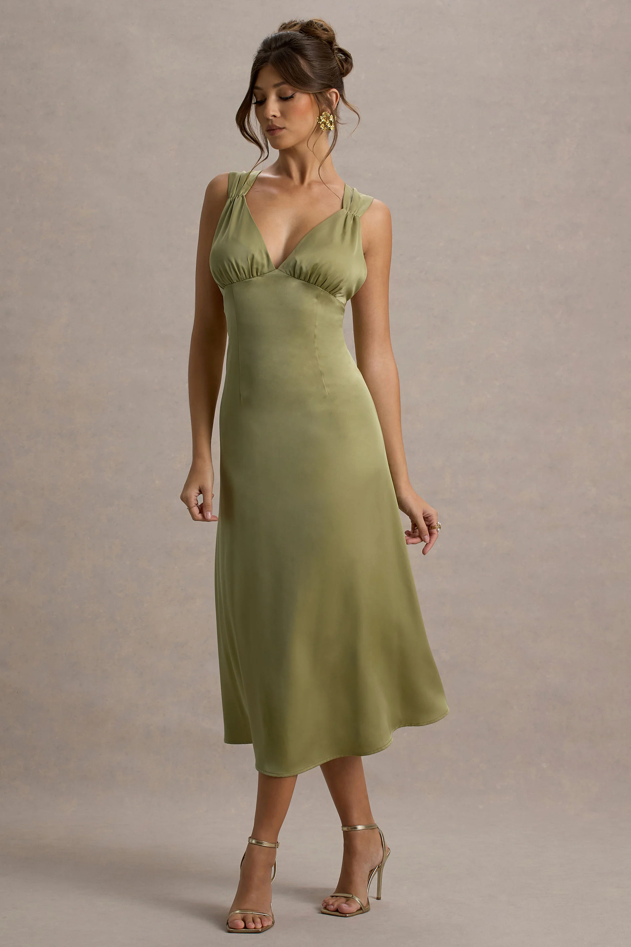 Beck | Light Green Satin Plunge-Neck Cross-Back Midi Dress