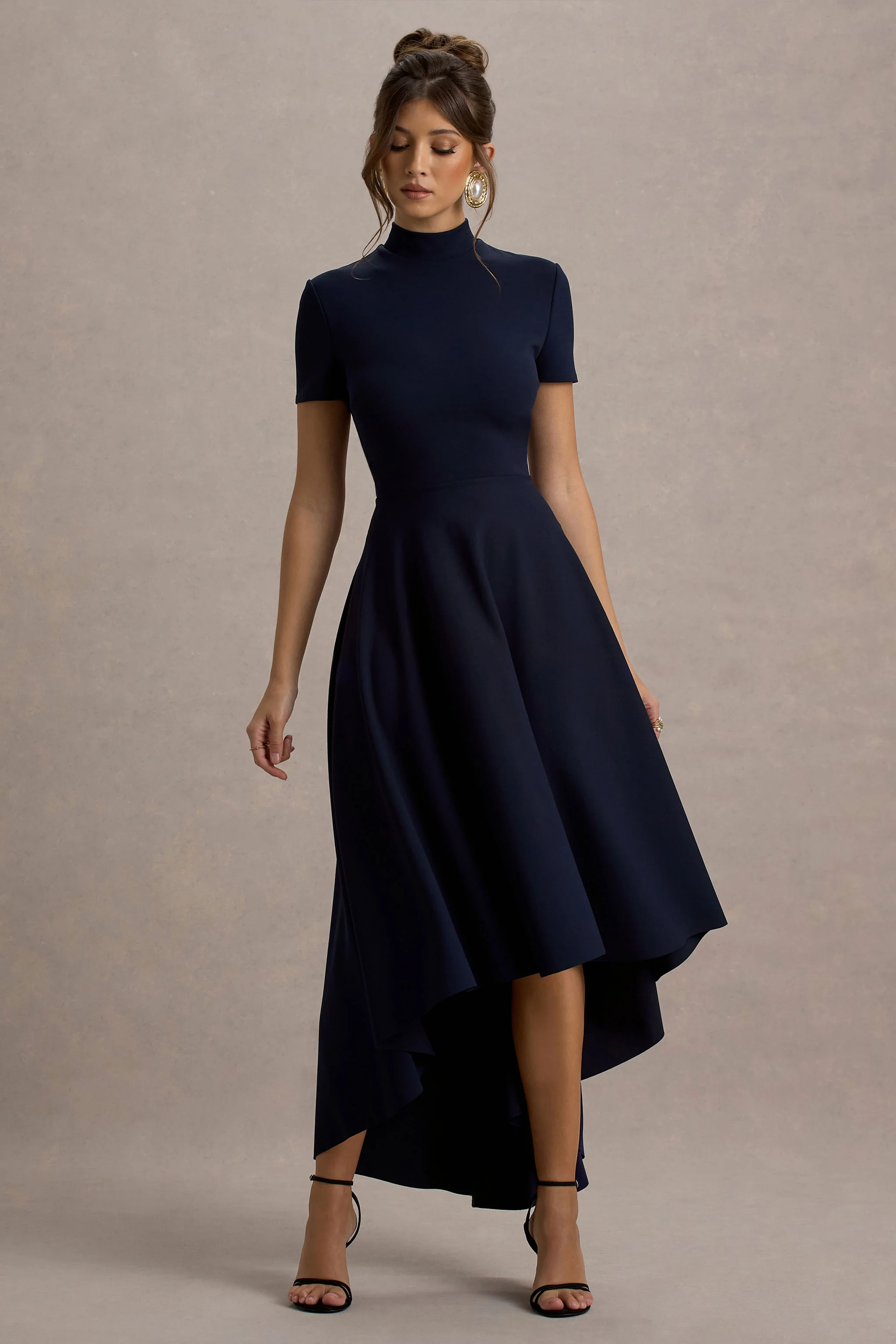 Bellona | Navy High-Neck High-Low Midi Dress