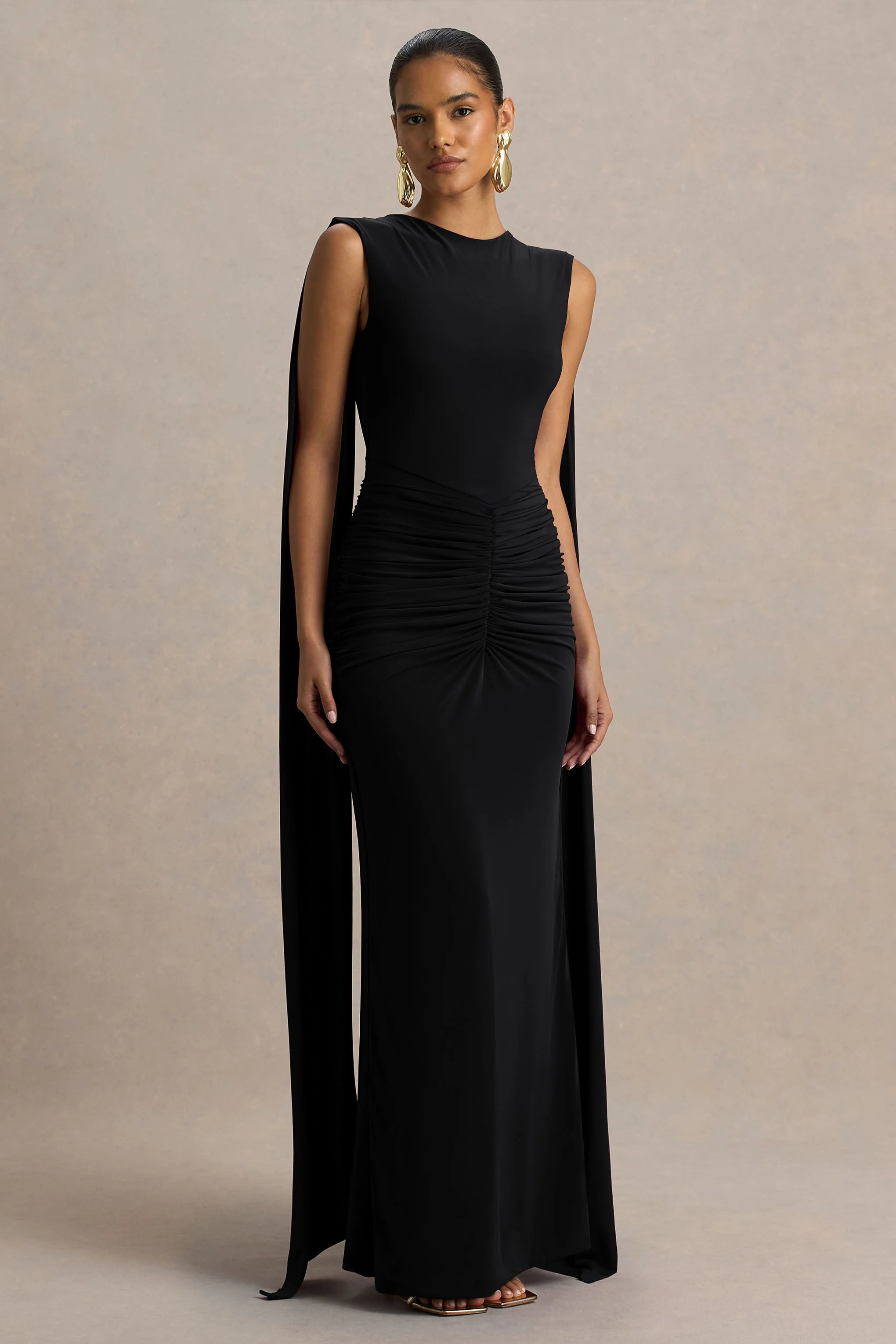 Premiere | Black Boat-Neck Maxi Dress With Open-Back And Cape-Sleeves
