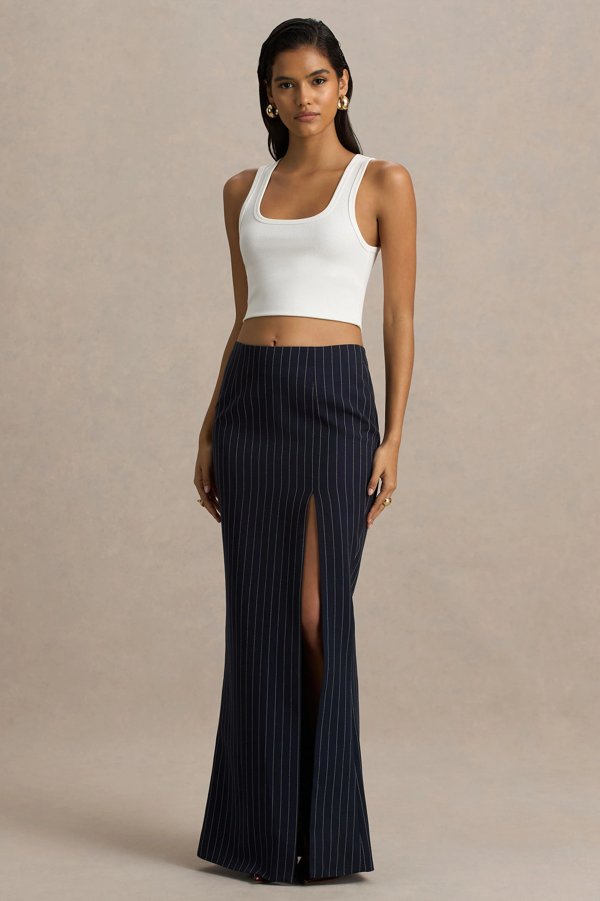 Elana | Navy Pinstripe Maxi Skirt With Front-High Split