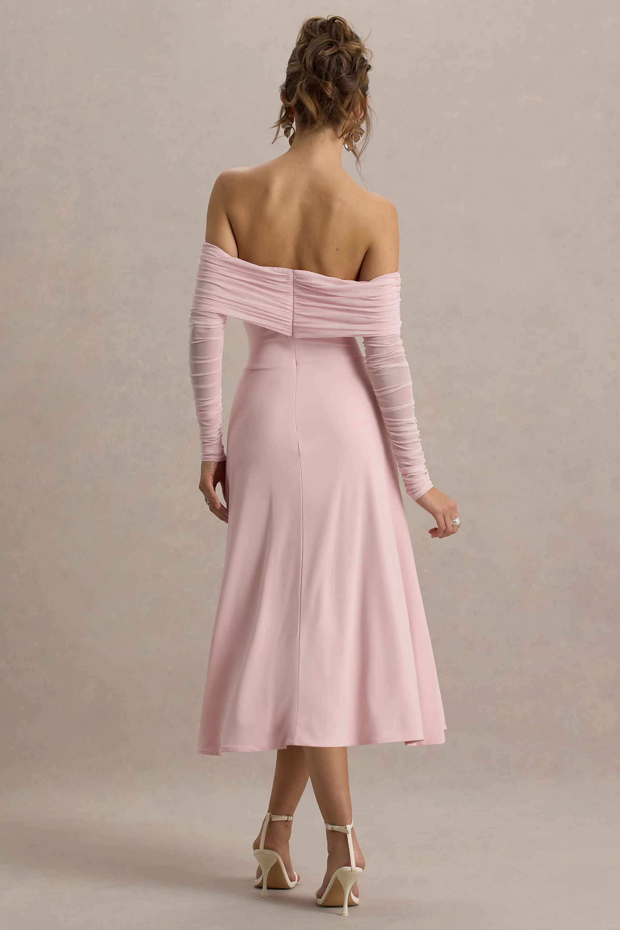 Flatter Me | Light Pink Bardot Midi Dress With Mesh Sleeves