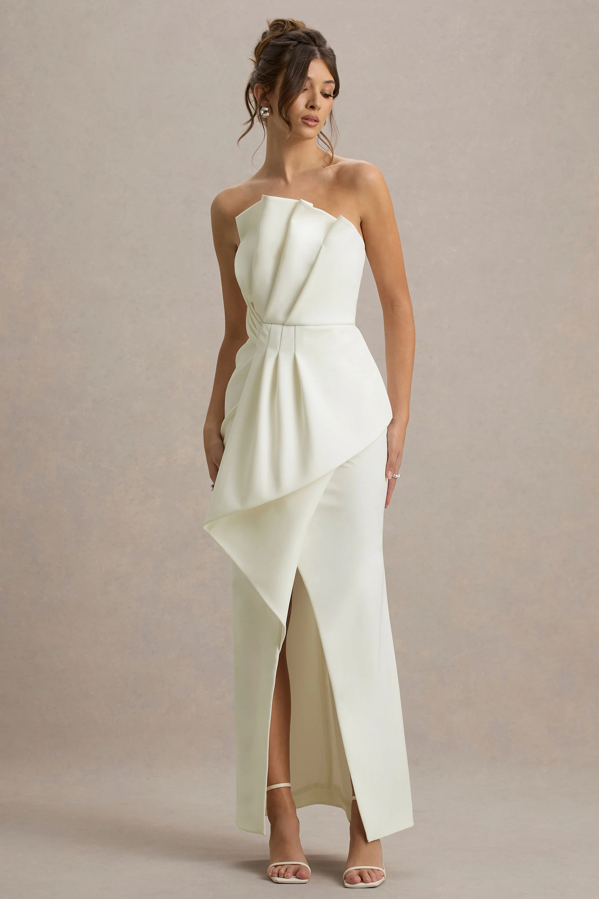 Dreamy Whispers | Cream Strapless Ruffle Split Maxi Dress