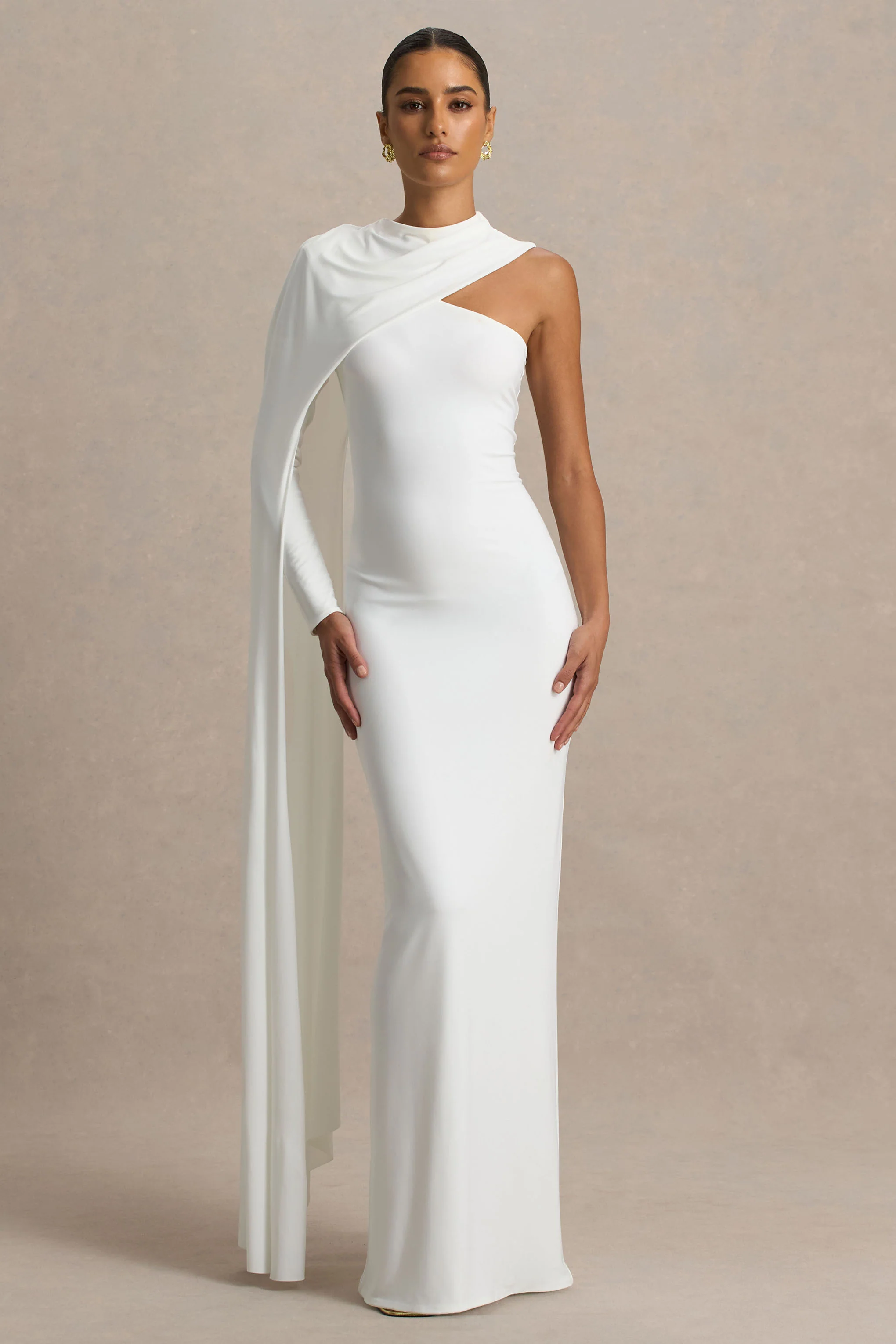 Dawn | Cream High-Neck Maxi Dress With One Long-Sleeve And Cape