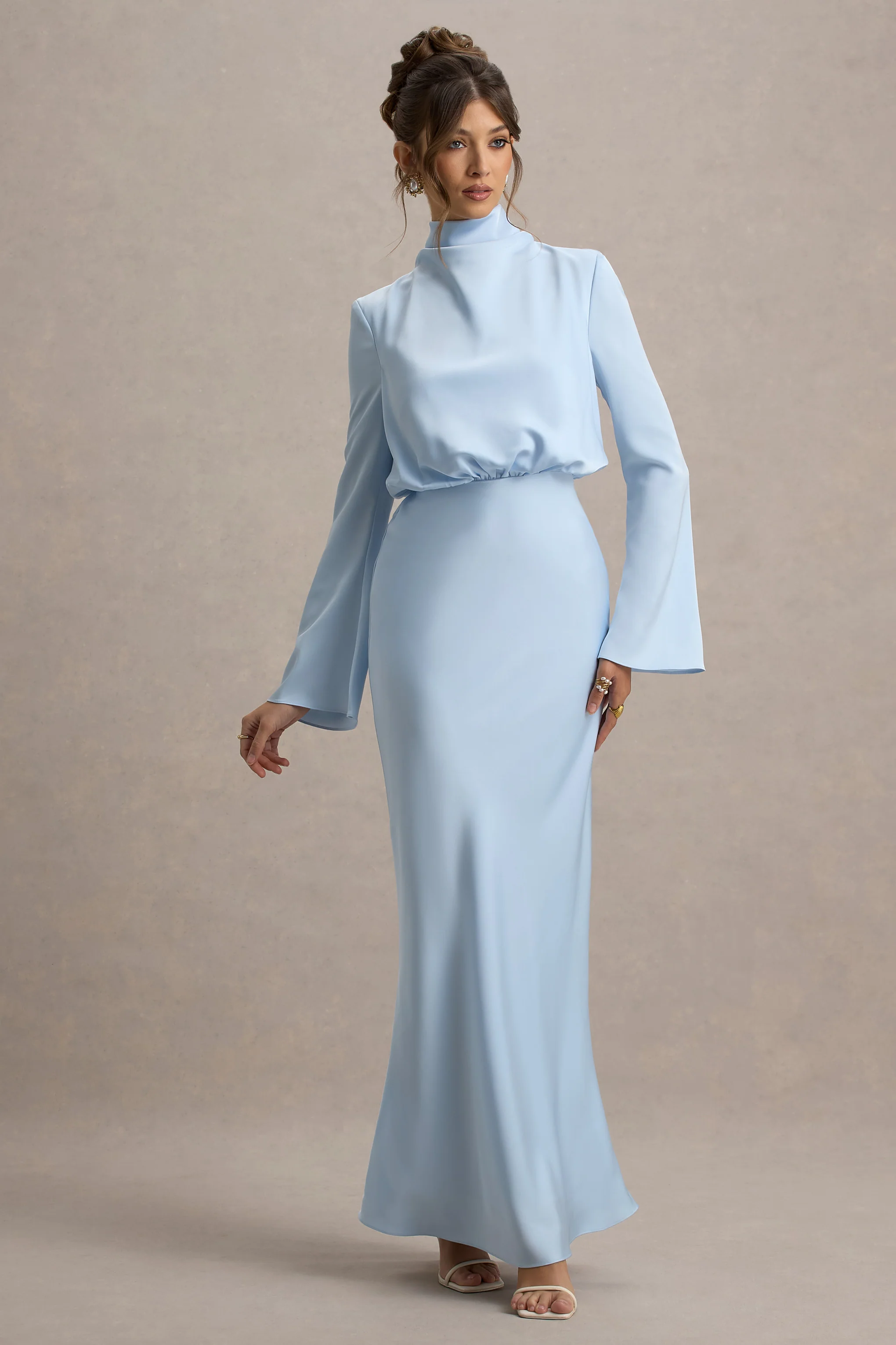 Celina | Powder Blue Satin High-Neck Maxi Dress