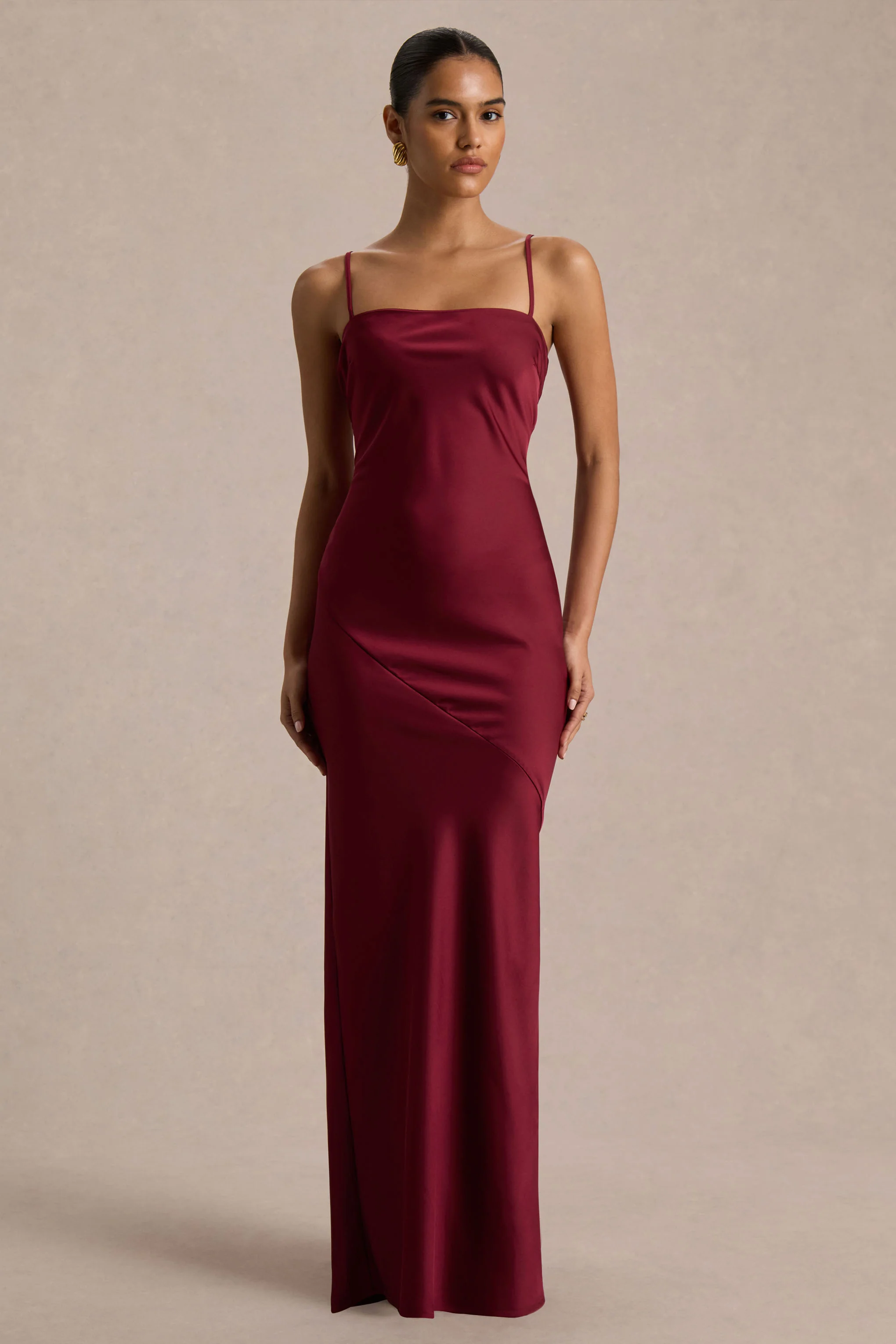 Yoli | Burgundy Satin Maxi Dress With Twist-Cape