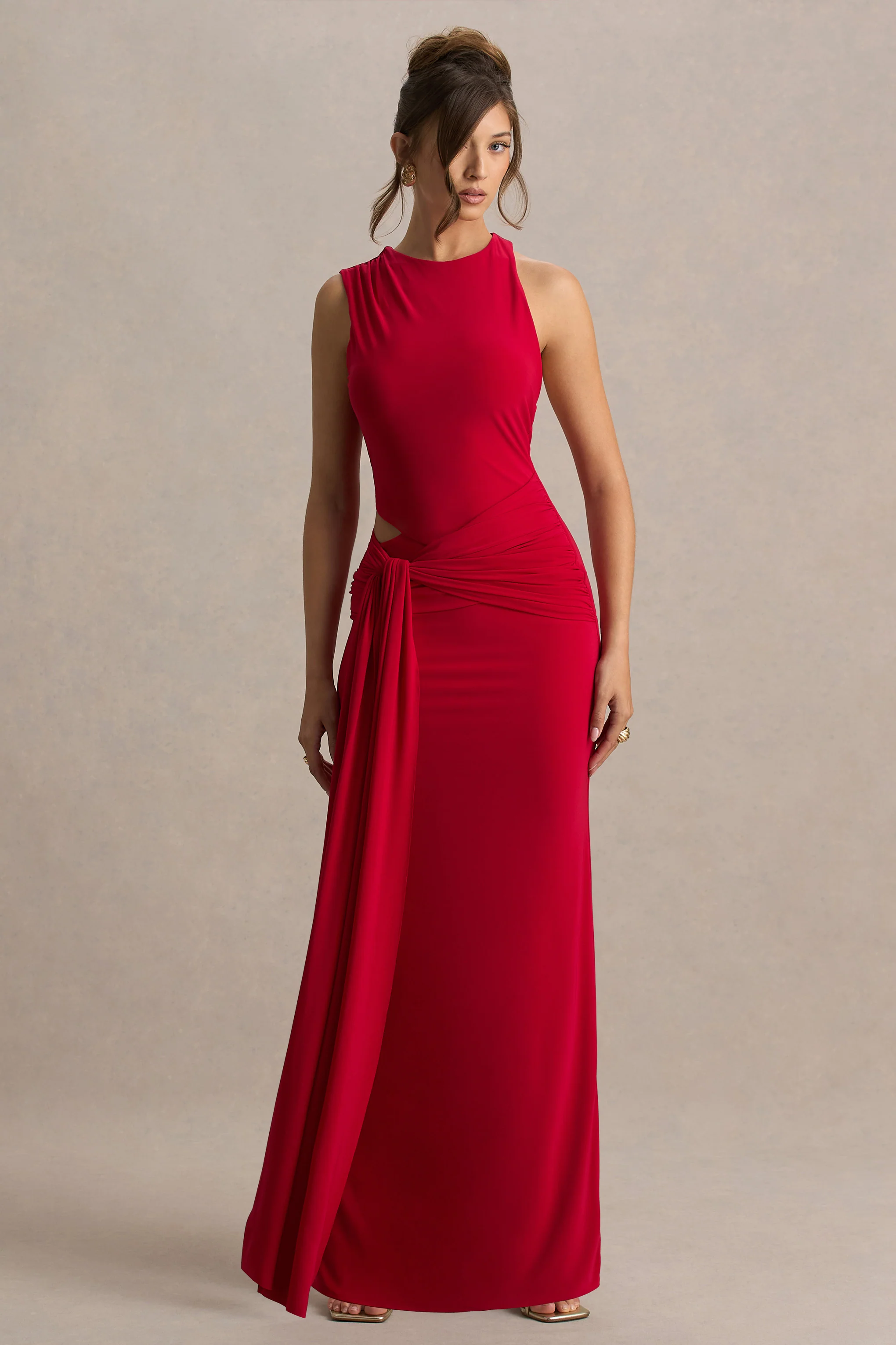 Neile | Red Crew-Neck Maxi Dress With Cut-Out and Sash Details