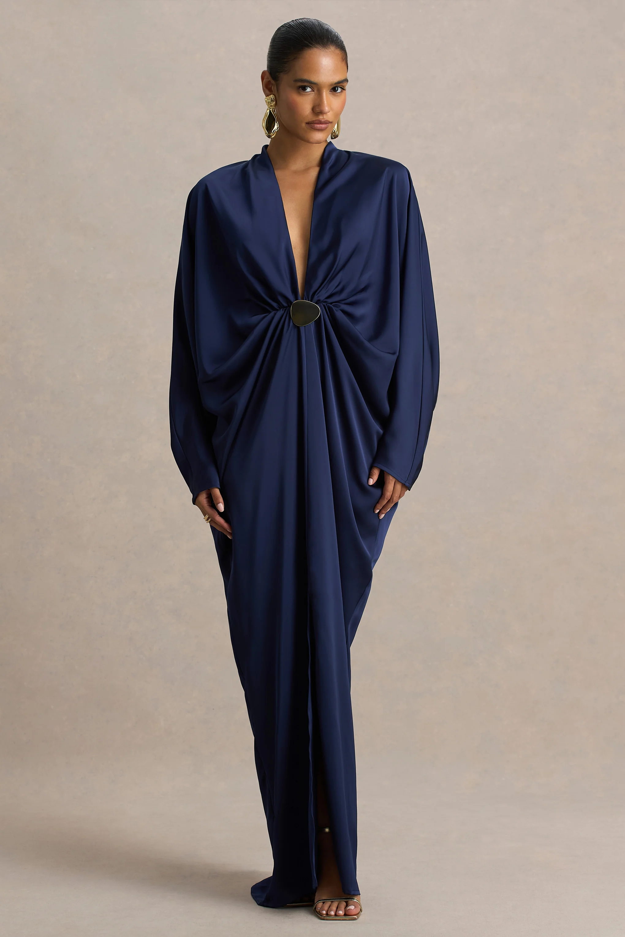 Tina | Navy Satin Plunge-Neck Embellished Maxi Dress
