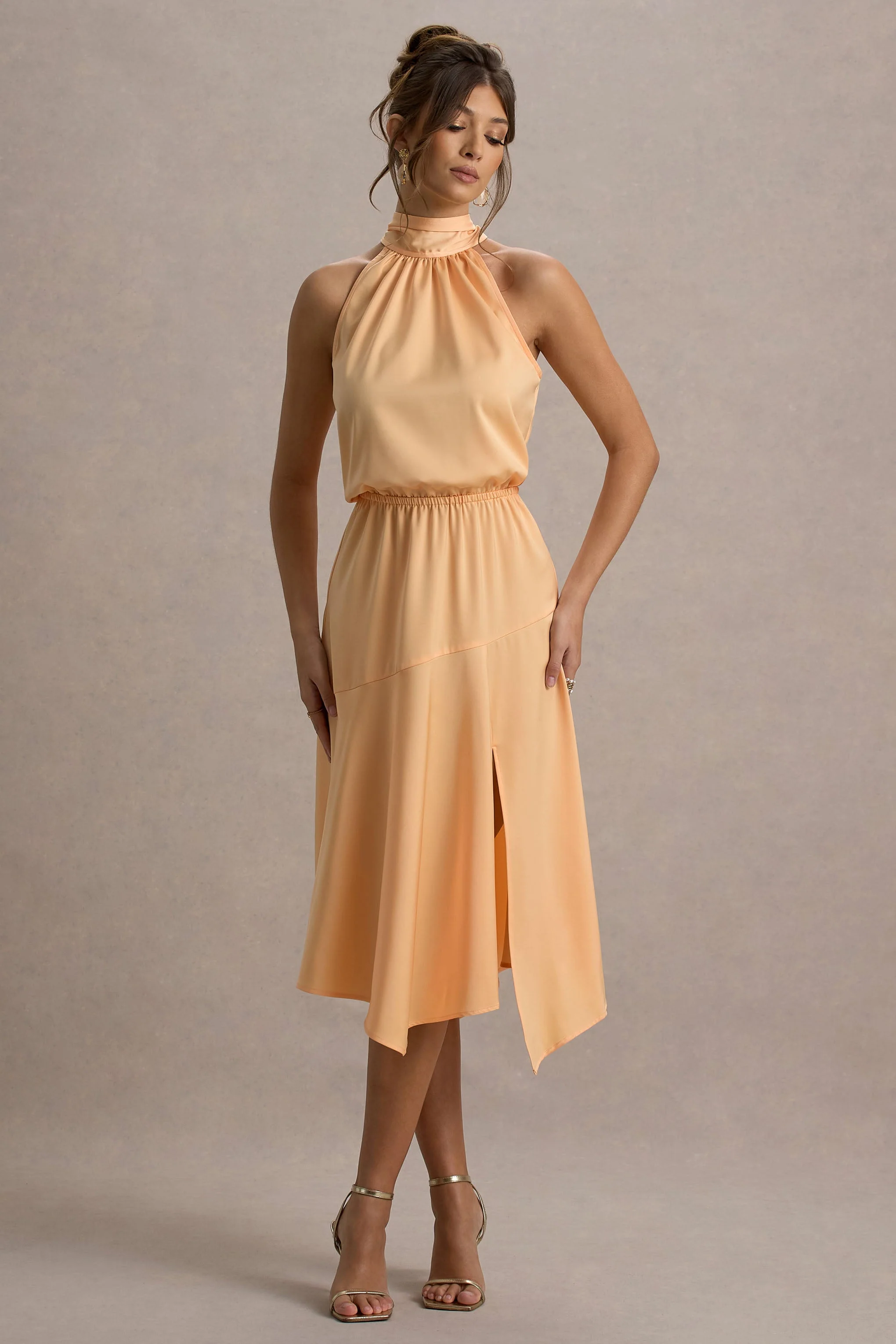 Palonia | Peach Satin High-Neck Split Midi Dress