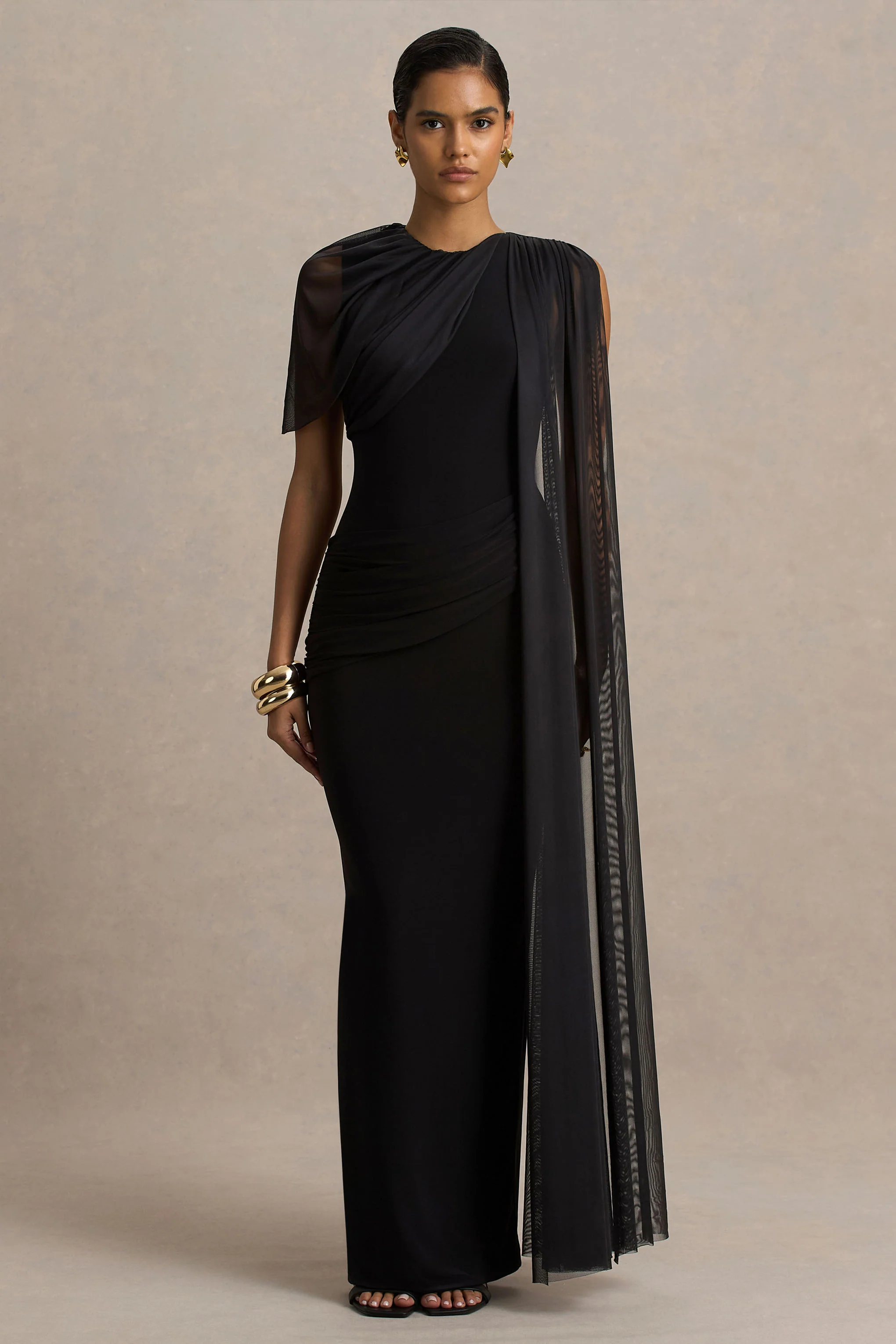 Brenda | Black Maxi Dress Mesh Cape And Sash