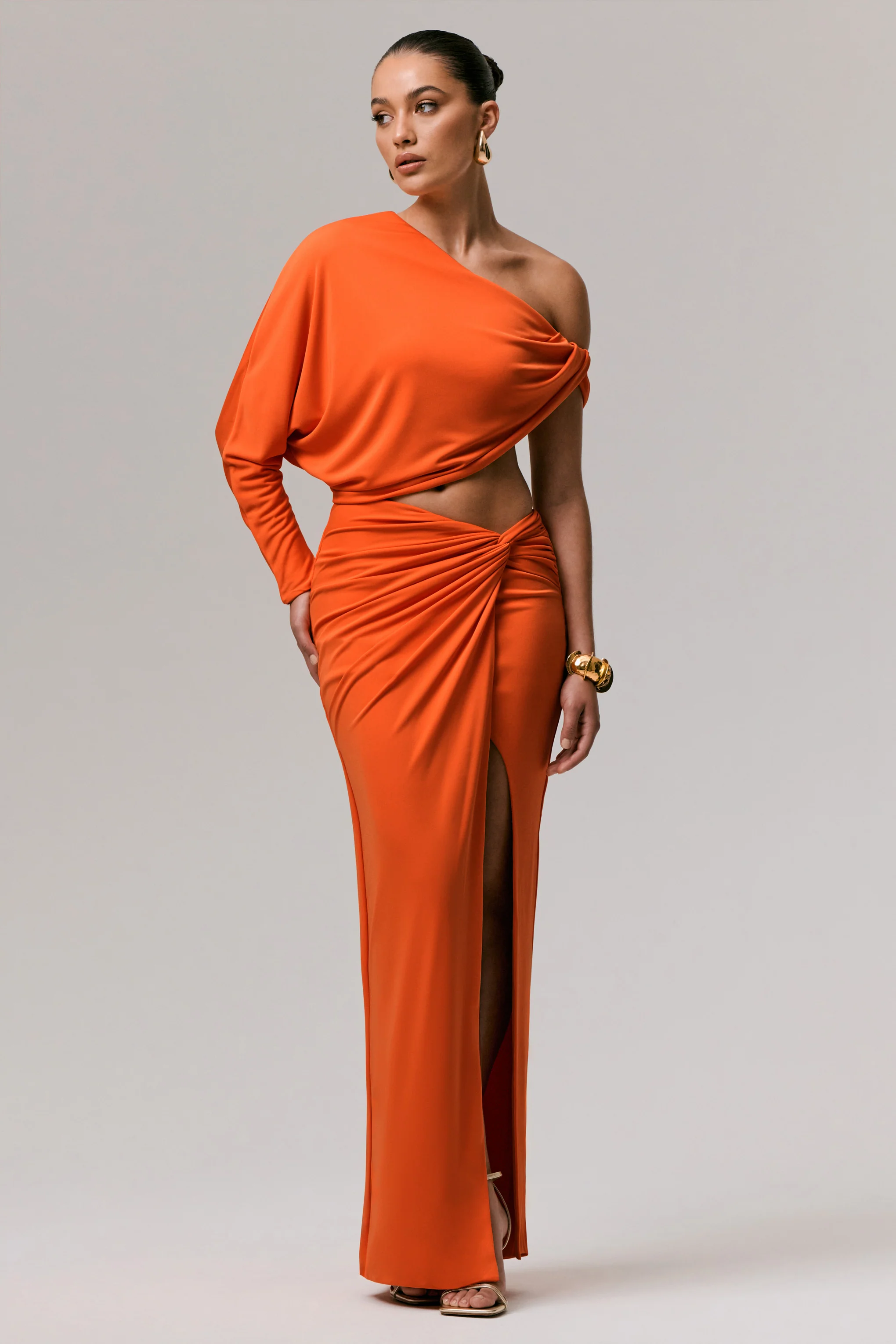 Dua | Orange Asymmetric One-Sleeve Draped Top