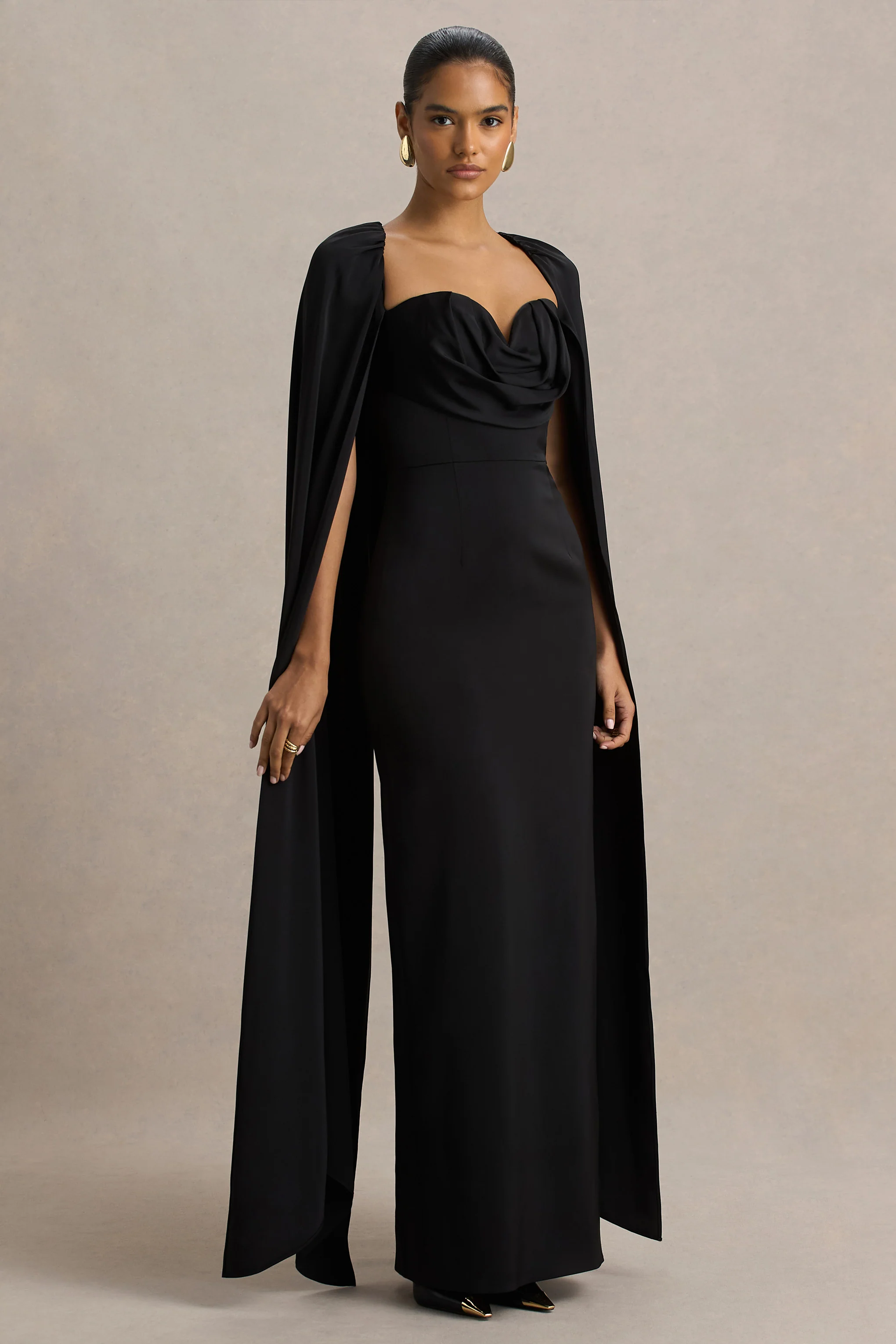 Wren | Black Satin Plunge-Neck Maxi Dress With Cape Sleeves