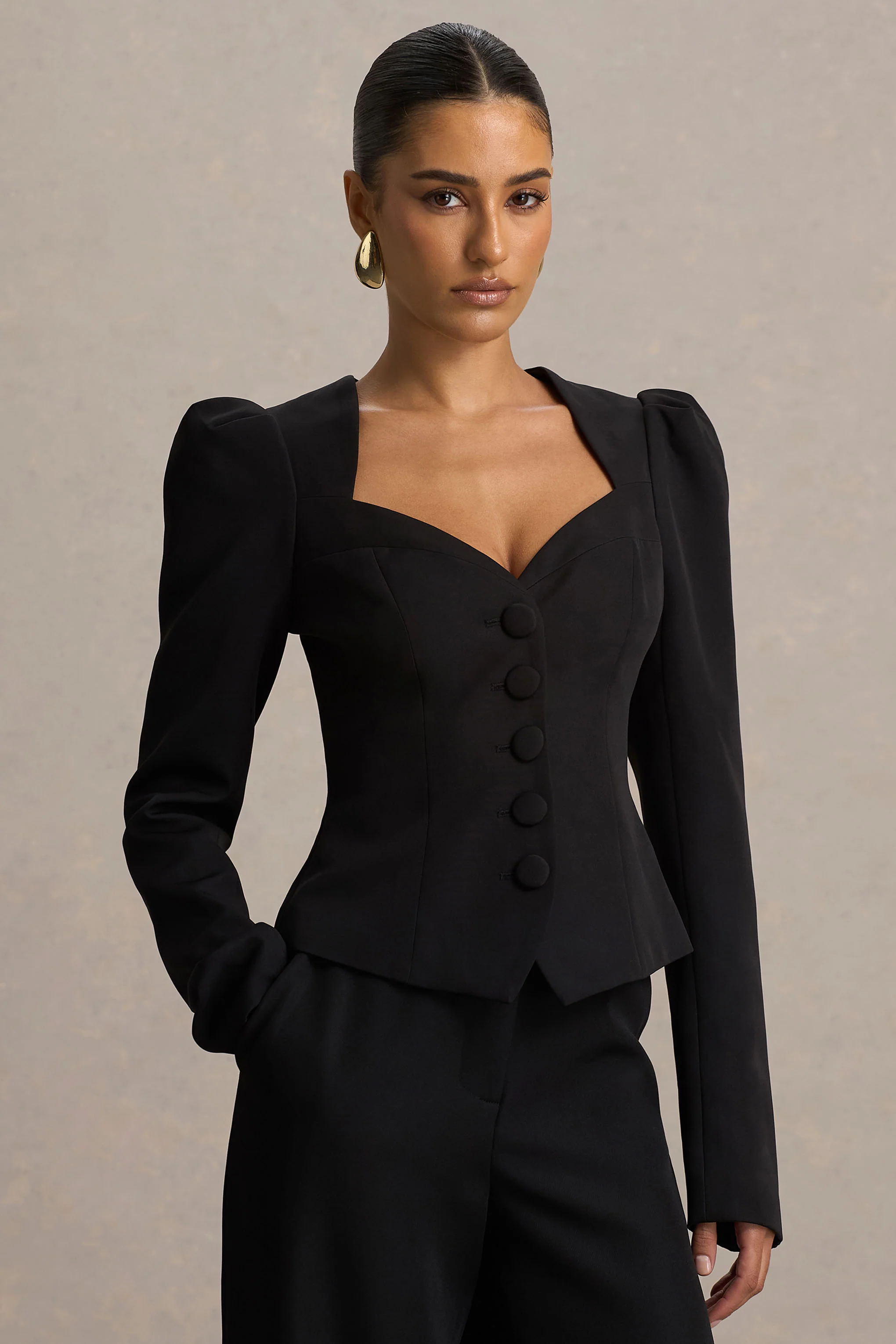 Olympia | Black Sweetheart-Neck Tailored Top