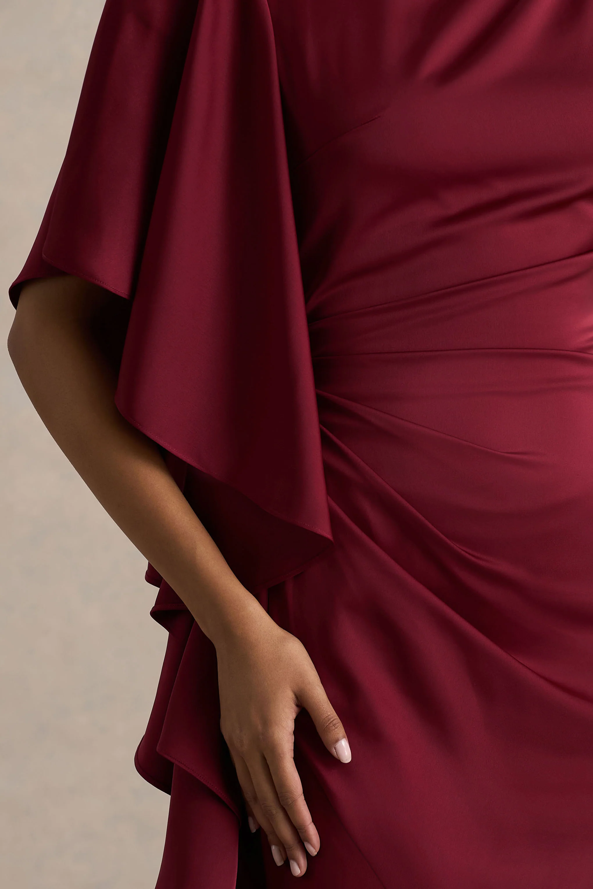 Rosy | Burgundy Satin Boat-Neck Maxi Dress With Front Split And Ruched Detailing