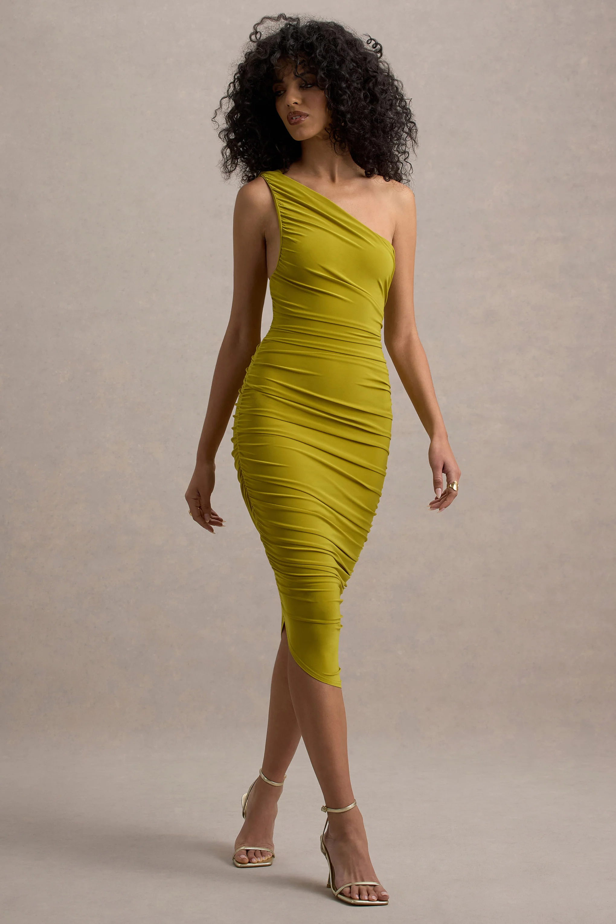 Dorit | Green One Shoulder Asymmetric Ruched Midi Dress