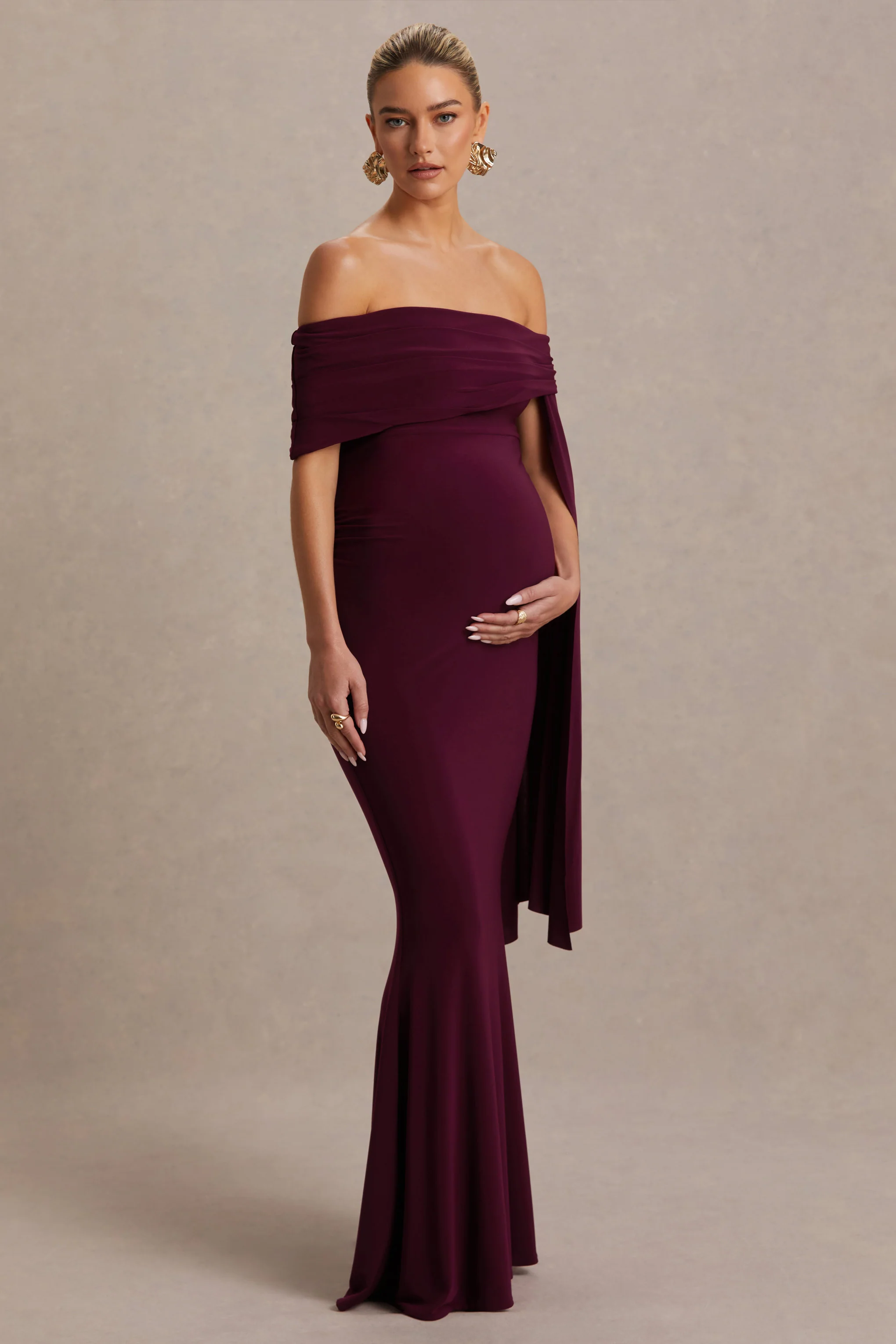 Aquila |  Burgundy Bardot Maternity Maxi Dress With Drape Sleeve