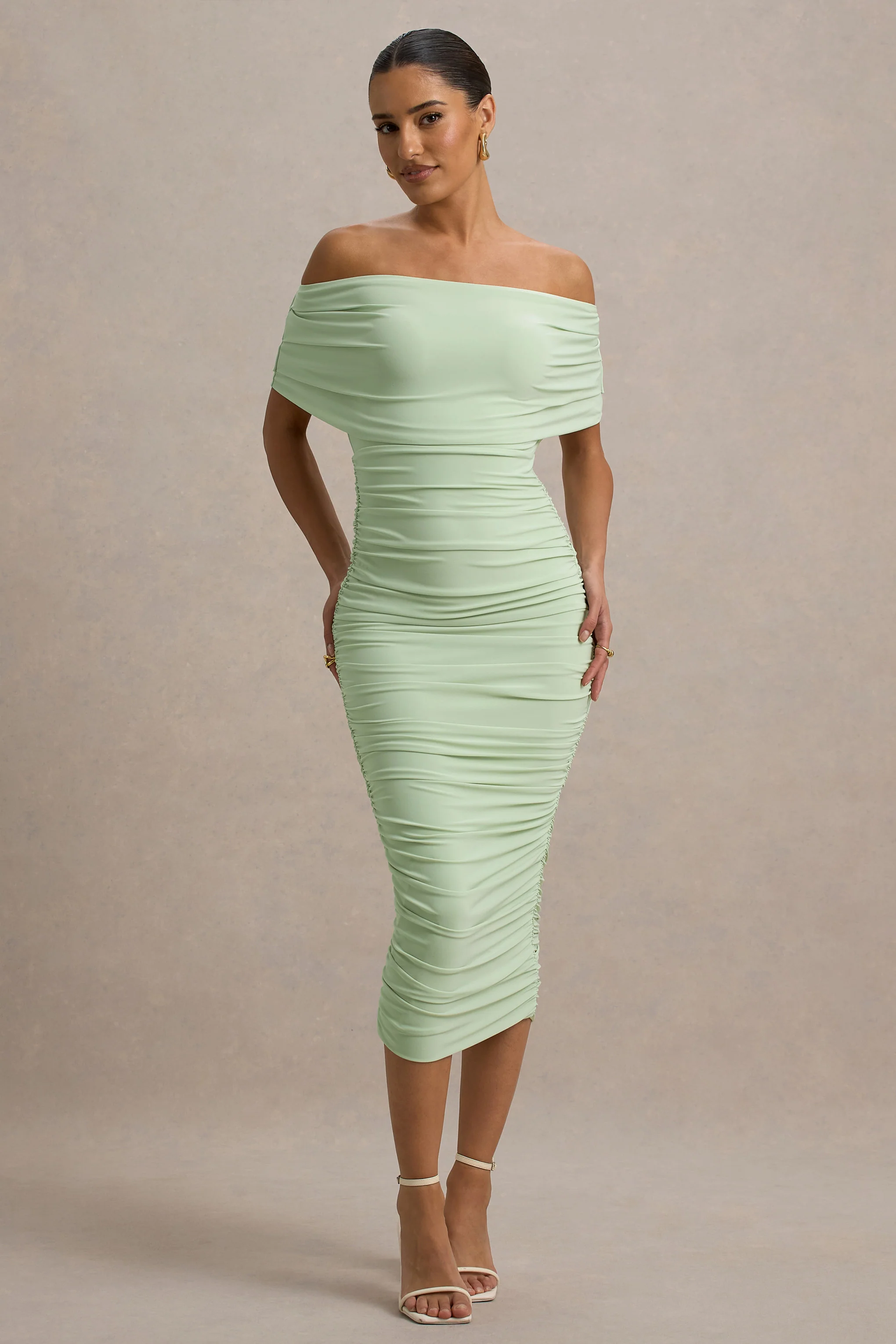 Rayleigh | Light Green Bardot Ruched Midi Dress