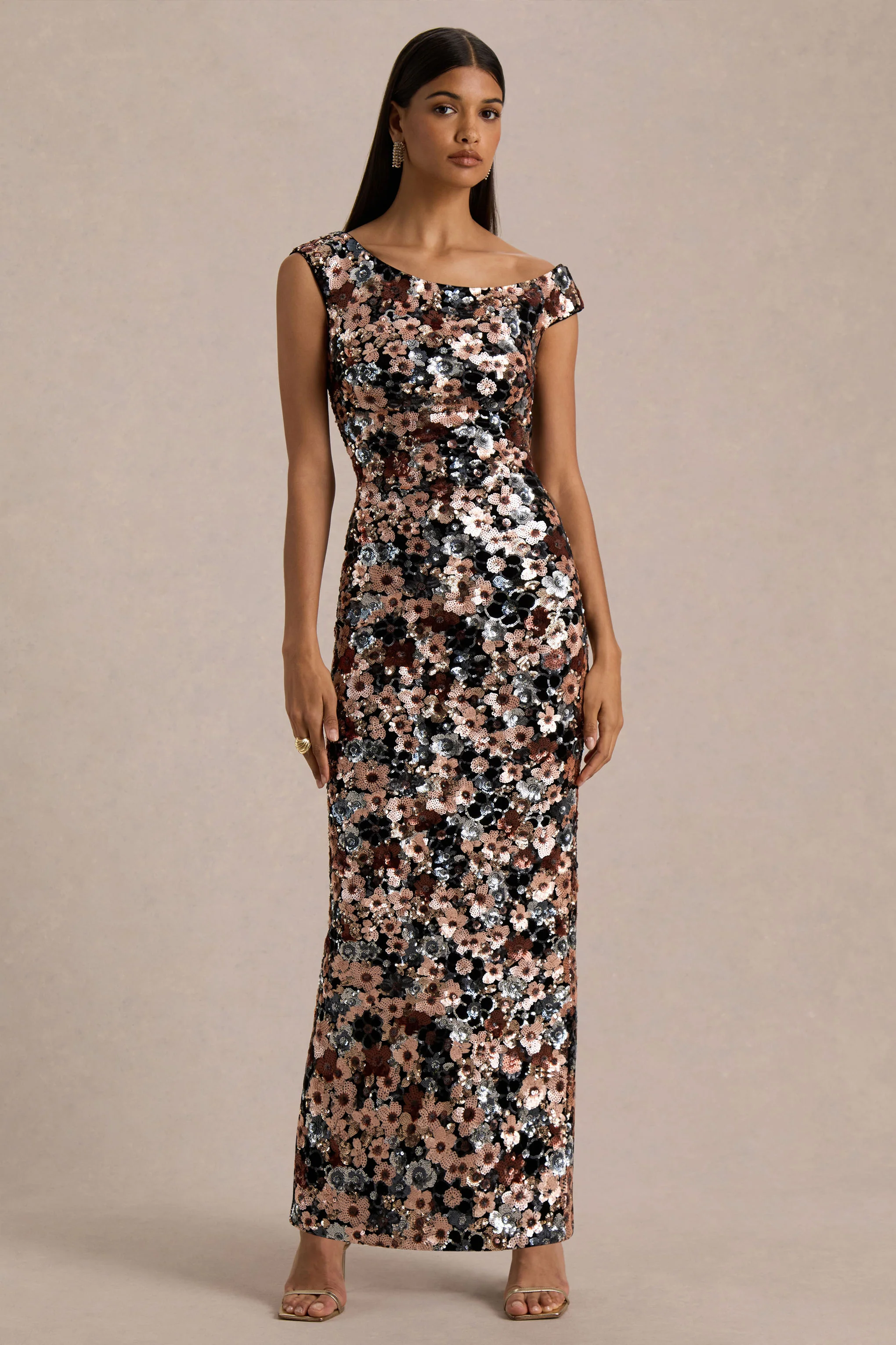 Electric | Black Sequin Floral Velvet Asymmetric-Neck Maxi Dress
