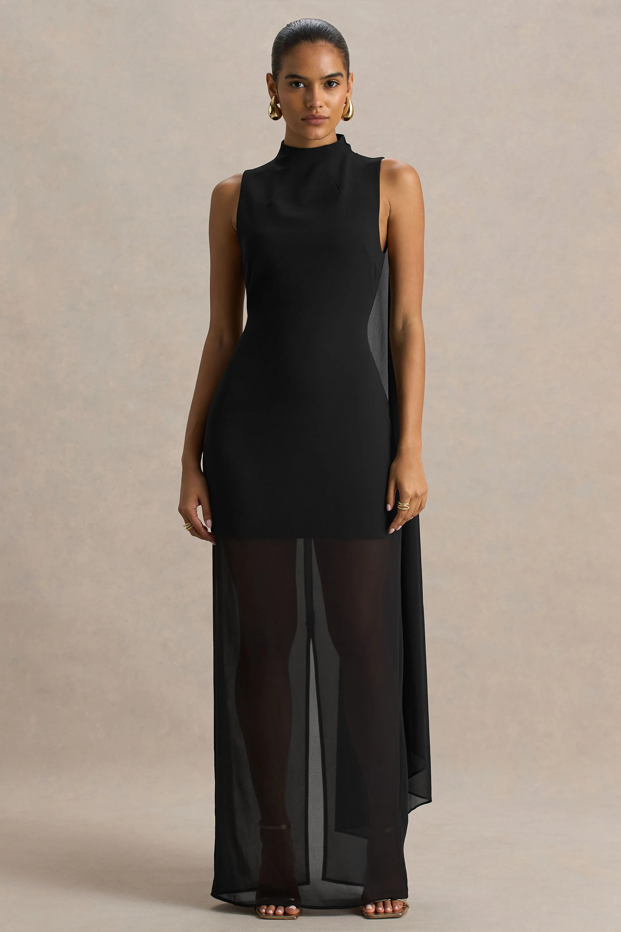 Unpredictable | Black High-Neck Maxi Dress With Back Cape Detail