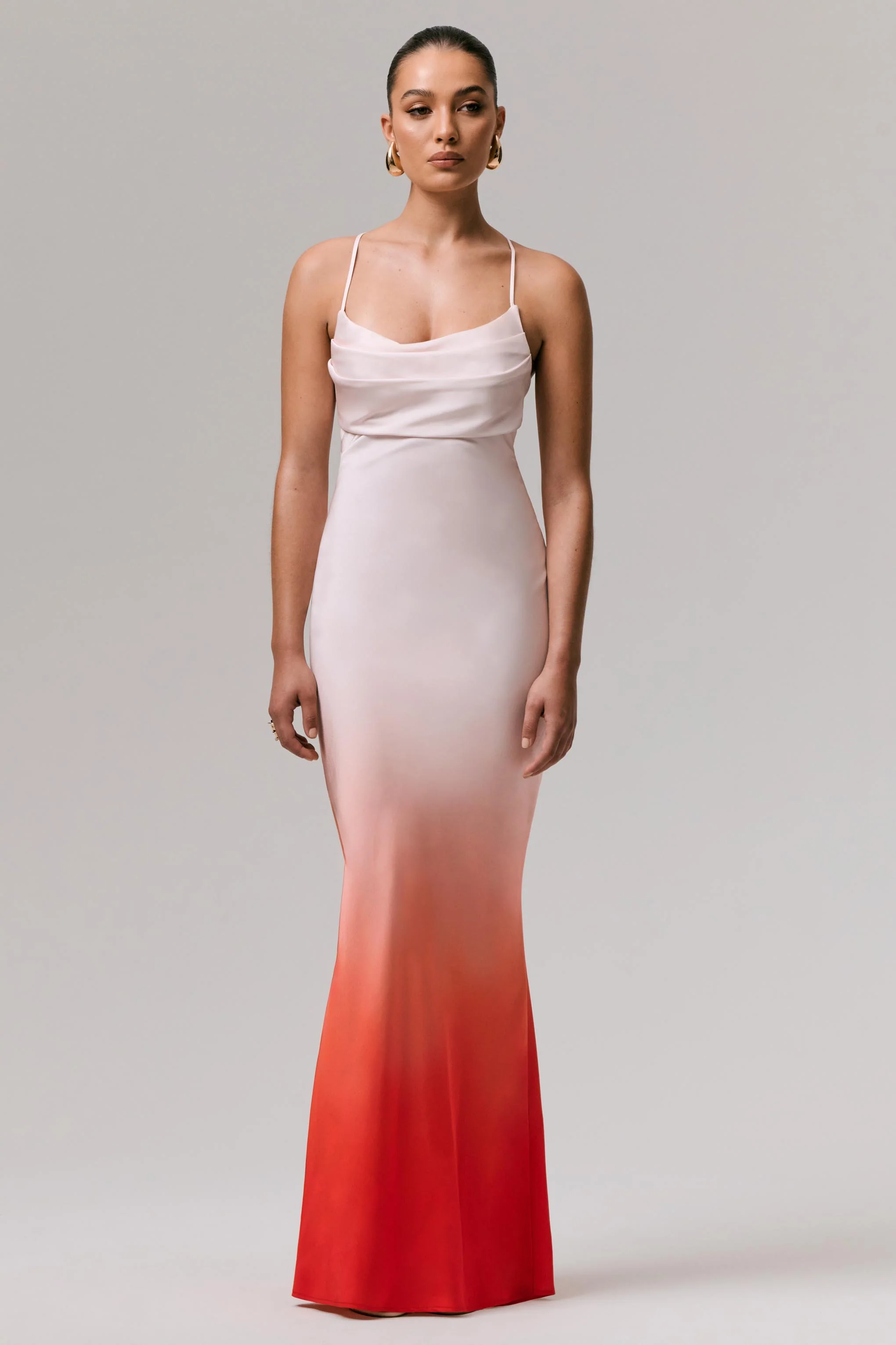 Lucie | Red Ombre Satin Cowl-Neck Maxi Dress