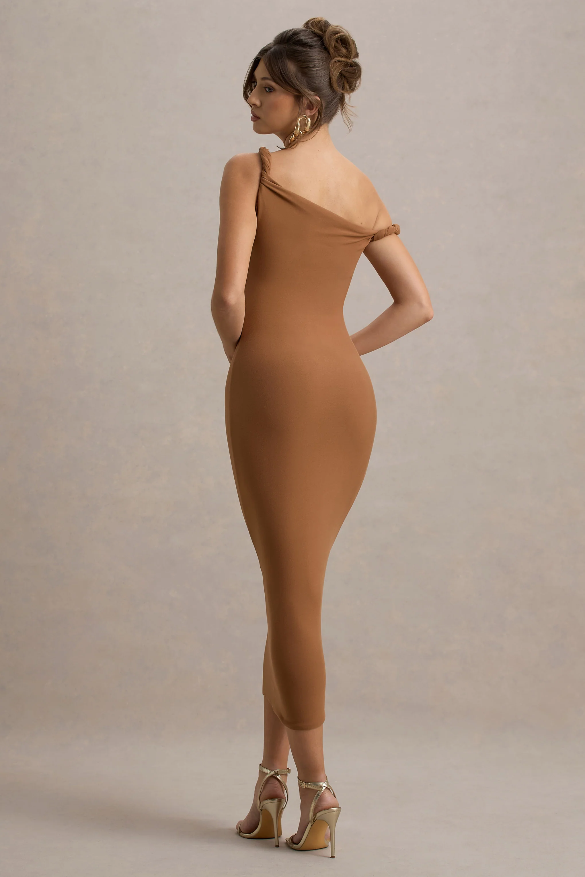 Salome | Brown Twisted Asymmetric Midi Dress