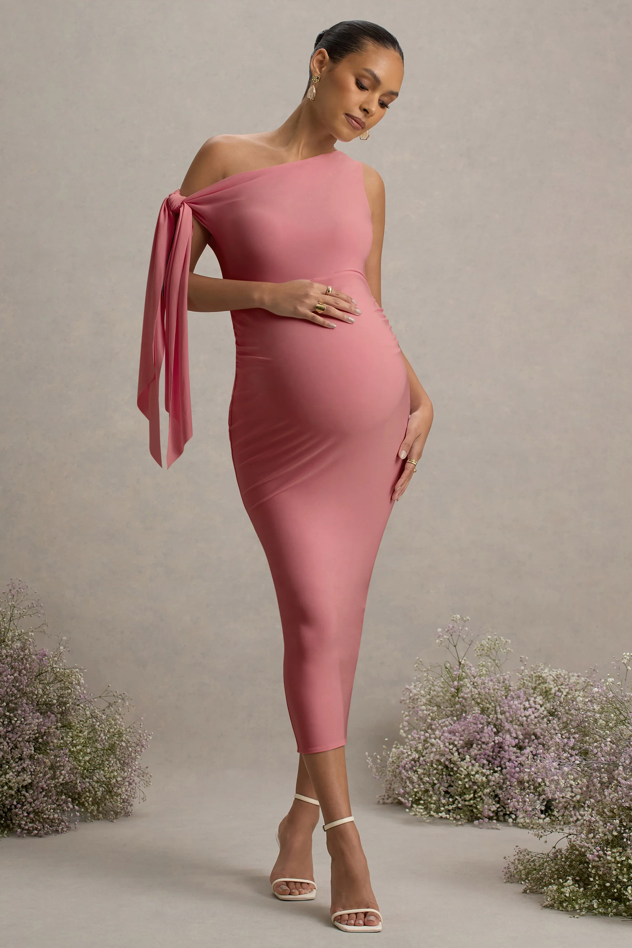 Katarine | Pink Asymmetric Knot Maternity Midi Dress