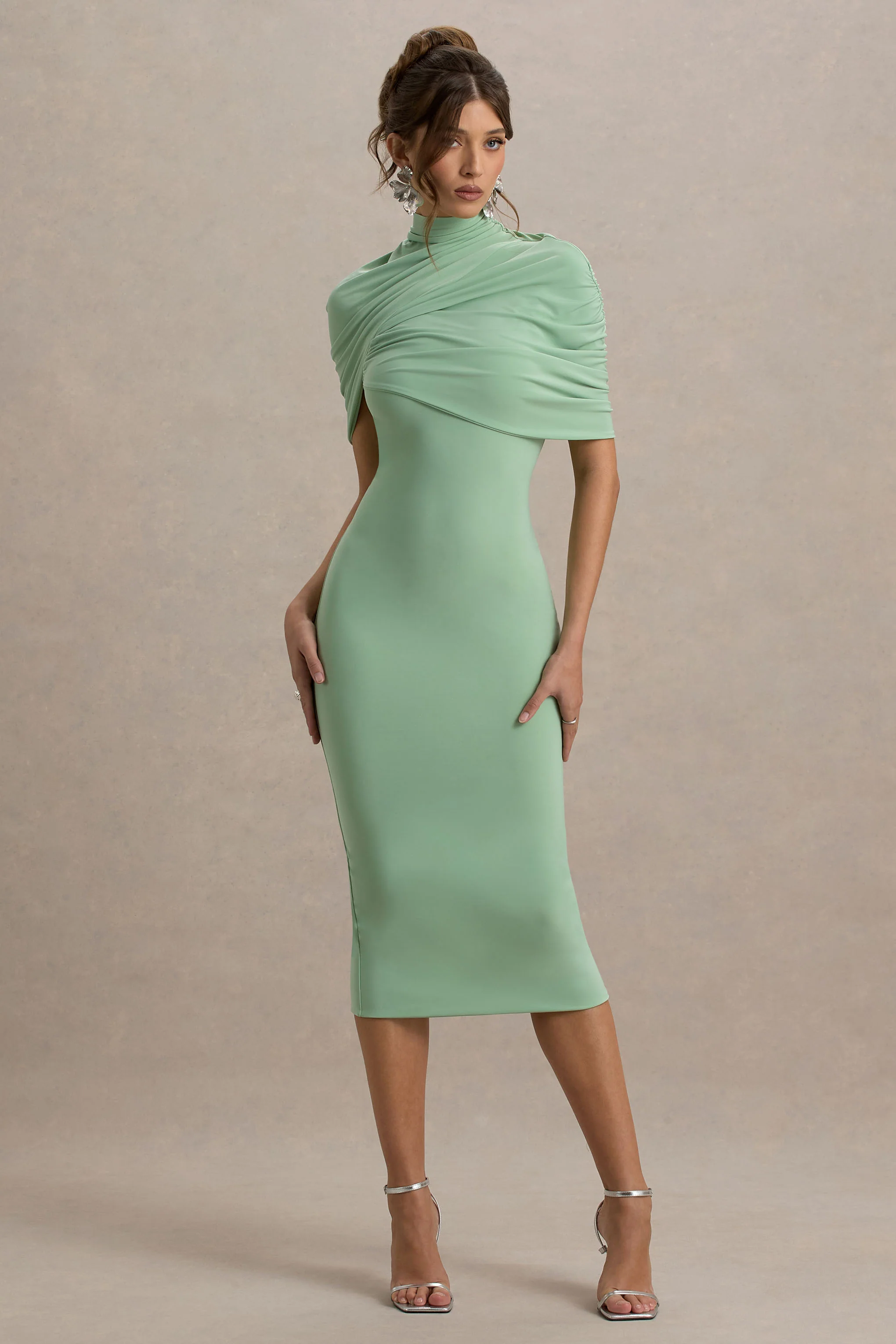 Cecille | Light Green Midi Dress With Cape Sleeve Detail