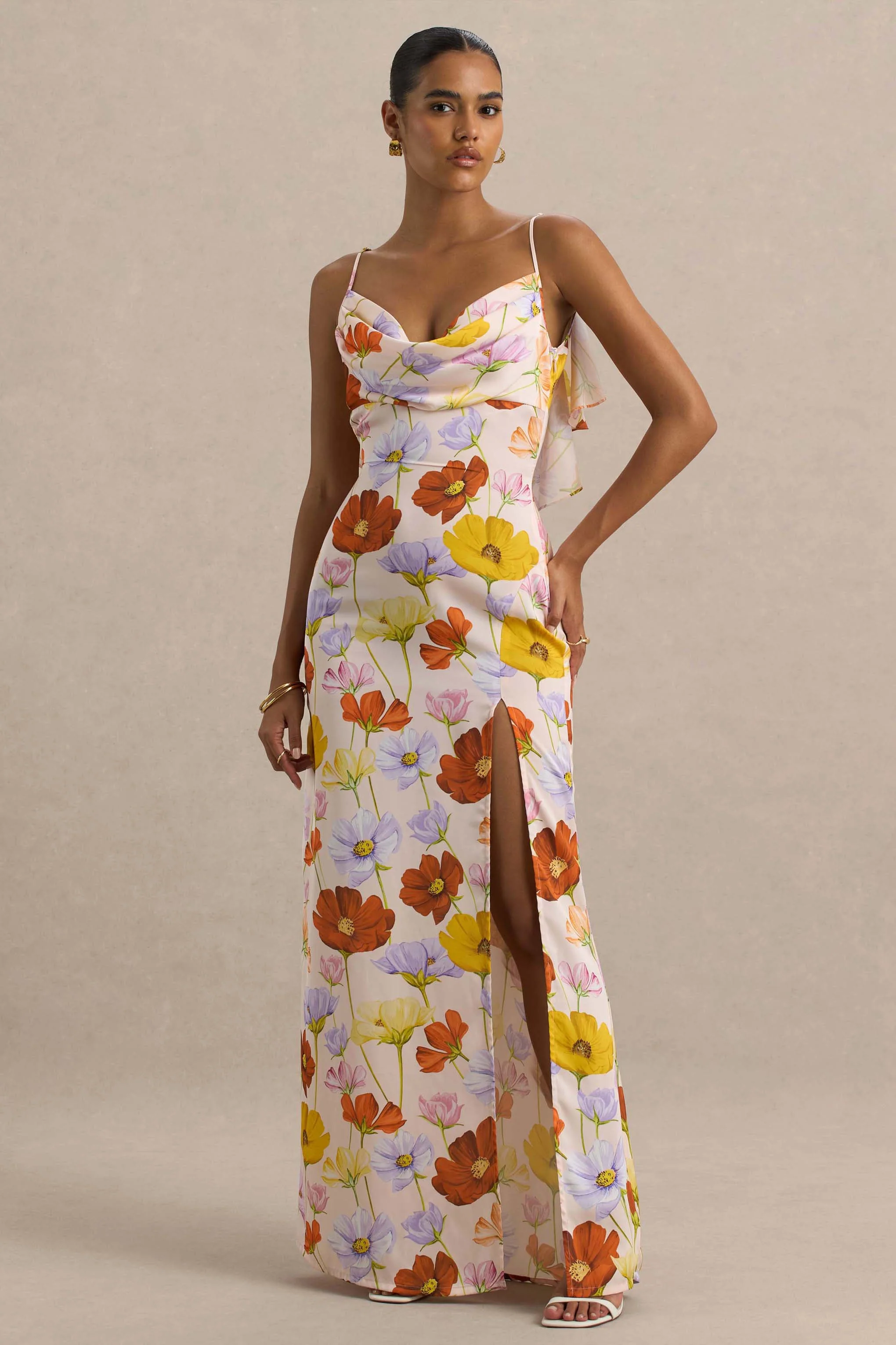 Thames | Bright Floral Print Satin Cowl-Neck Maxi Dress