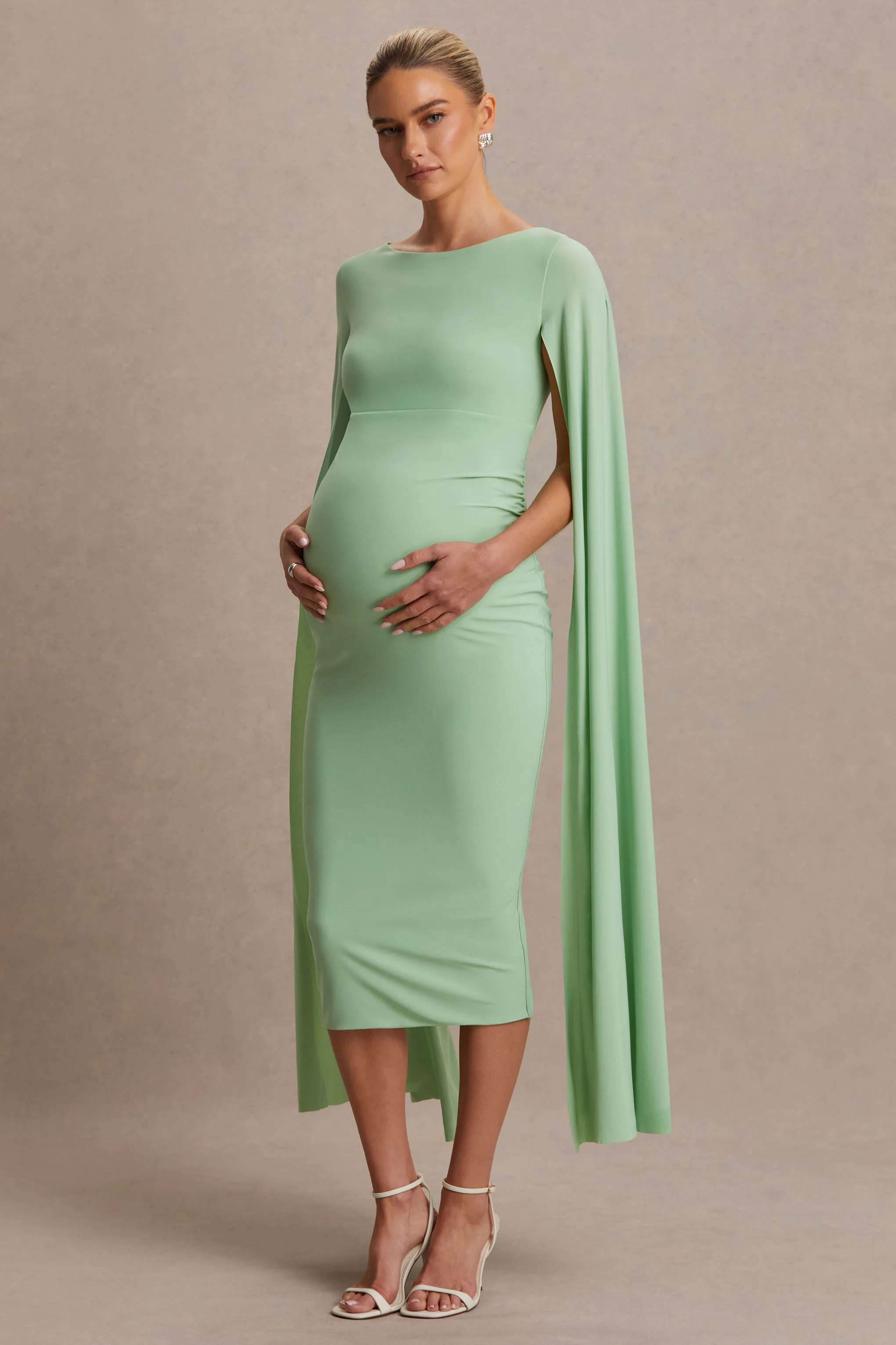 Providence | Light Green High-Neck Maternity Midi Dress With Cape Sleeves